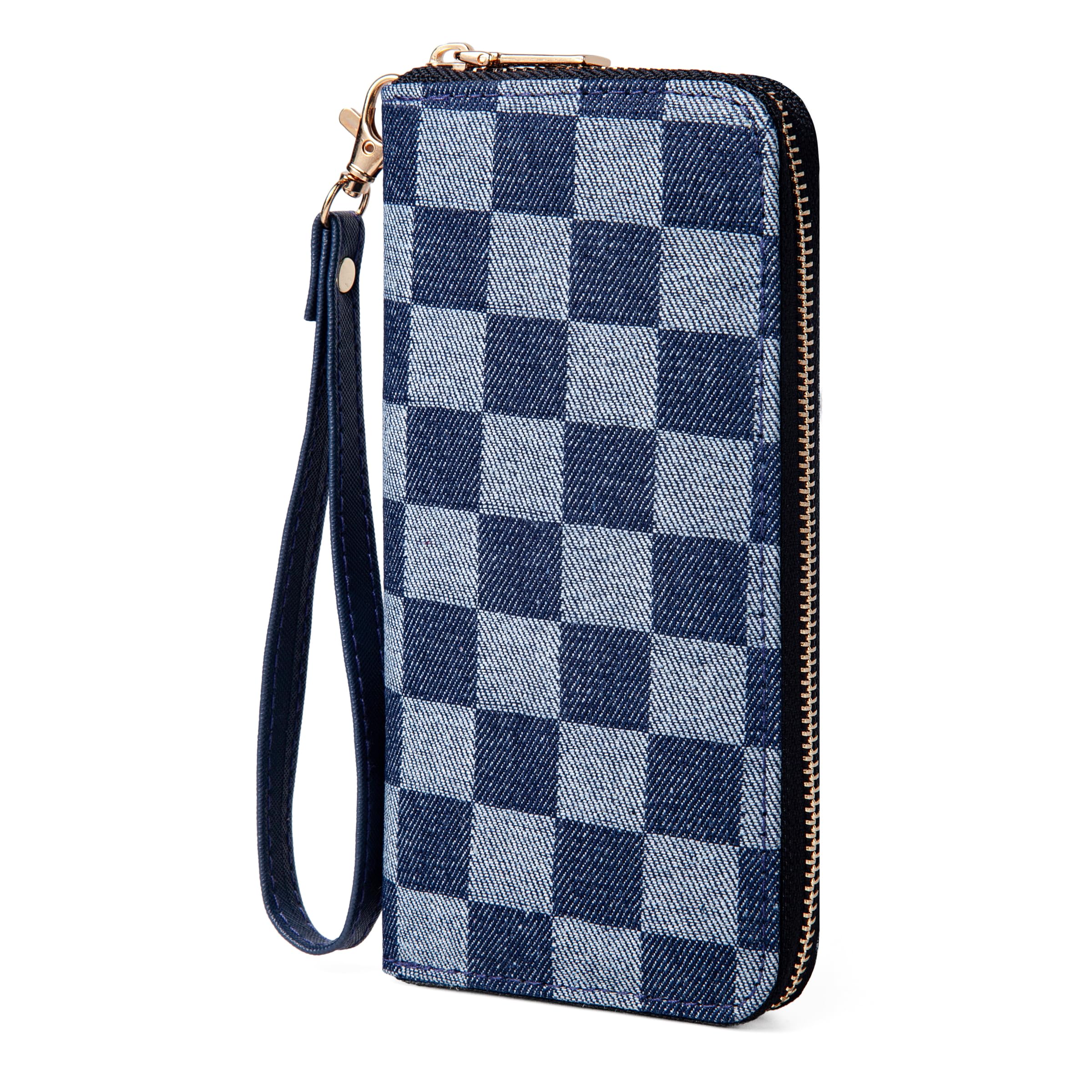 Denim Checkered Wallet for Women, Zip Around Wristlet Wallet