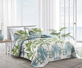 Grand Linen 3-Piece Fine Printed Oversize (115 X 92 Inch) Tropical Palm Tree King Size Quilt Set Reversible Bedspread Coverlet Bed Cover (Beige, Sage Green, Brown