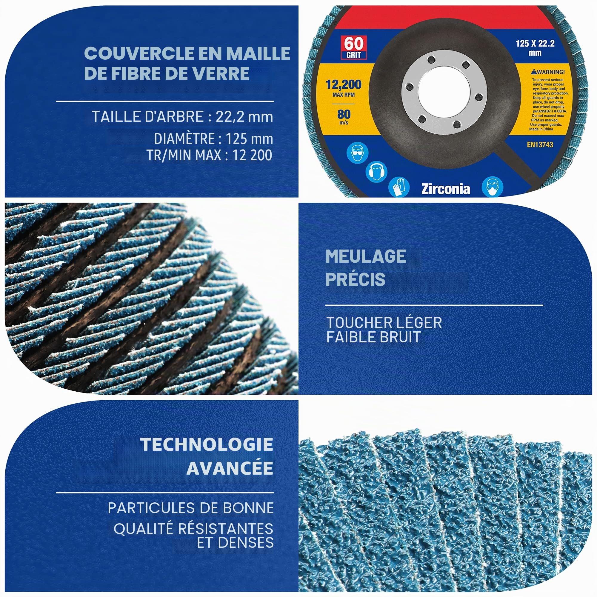 WORKPRO Lot de 10 Disques Abrasifs à Lamelles 125 mm, Grain 60, Disque à Meuler en Alumine de Qualité Supérieure pour Enlever Ebavure, Rouille, Polissage, Finition
