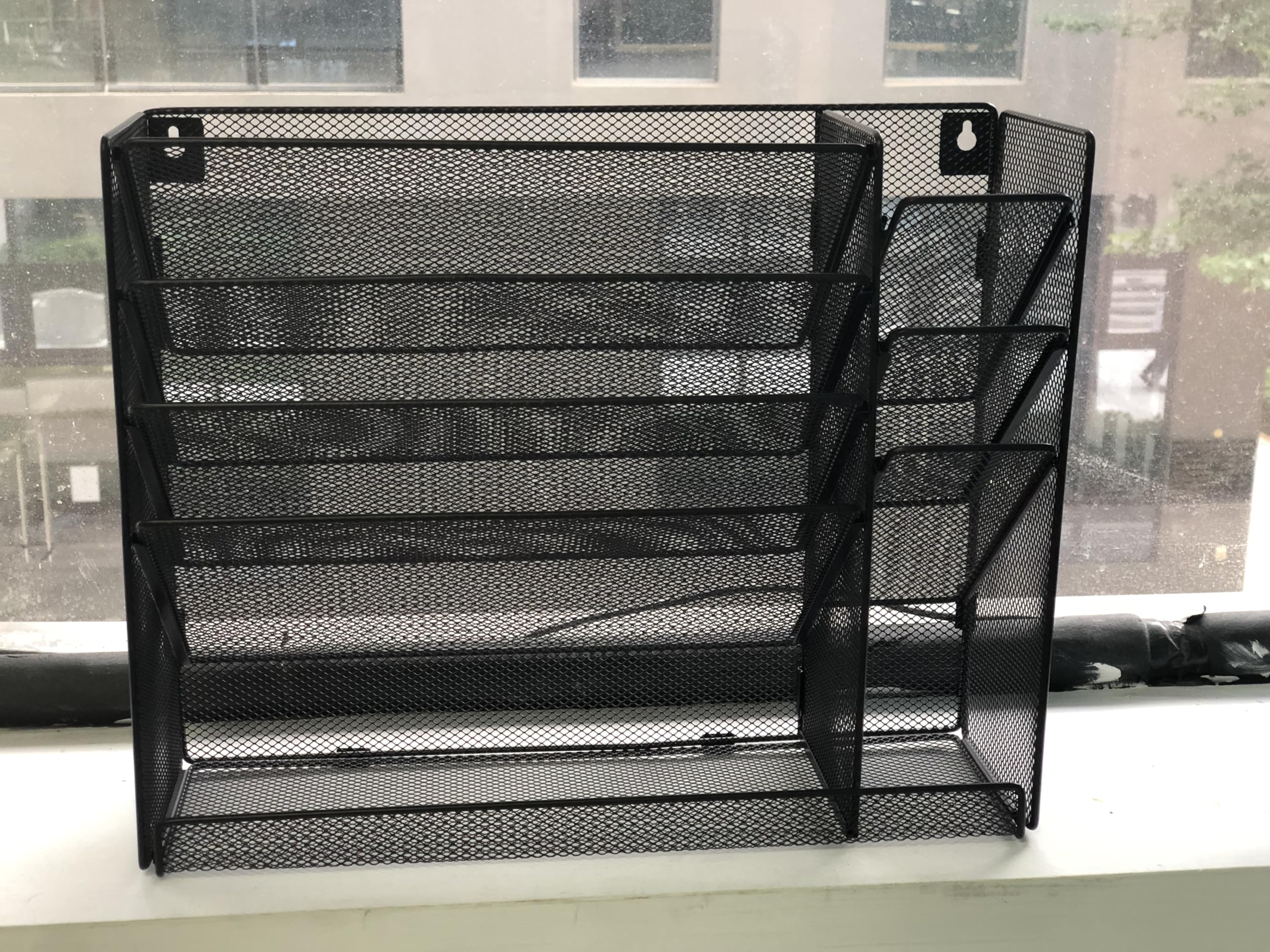 Office Desk Organizers 5 Tier Hanging Wall Files Holder Mesh Paper Letter Tray Vertical File Sorter, Desktop Filing Stationary Storage Organizer with 4 Slots Pen Holder for Home School, Black