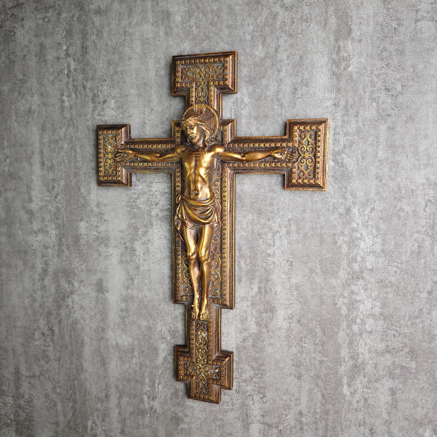 BC Catholic Jesus Crucifix Wall Cross, Catholic Wedding Gift, Devout Gift, Prayerful Inspiration Home Décor, Wood Carve Looking Gold Finish,12"H Hand Painted by Buildclassic