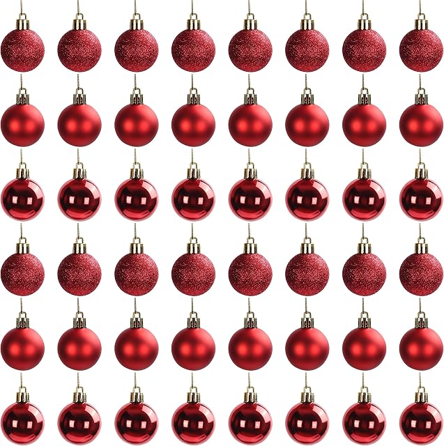 Belle Vous 48 Pack Red Christmas Baubles - 3cm/1.18 Inches Baubles - 16 each of Glitter, Gloss & Matte Finishes with String for Christmas Tree Decorations, Xmas Party Decor - Ball Hanging Ornaments