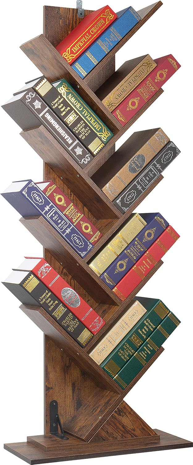 Heavy Base Anti fall Tree Bookshelf, 8 tier Modern Bookcase Wooden Shelves Storage Rack Padded Bottom for Display of Cdmagazinebook Rustic Brown