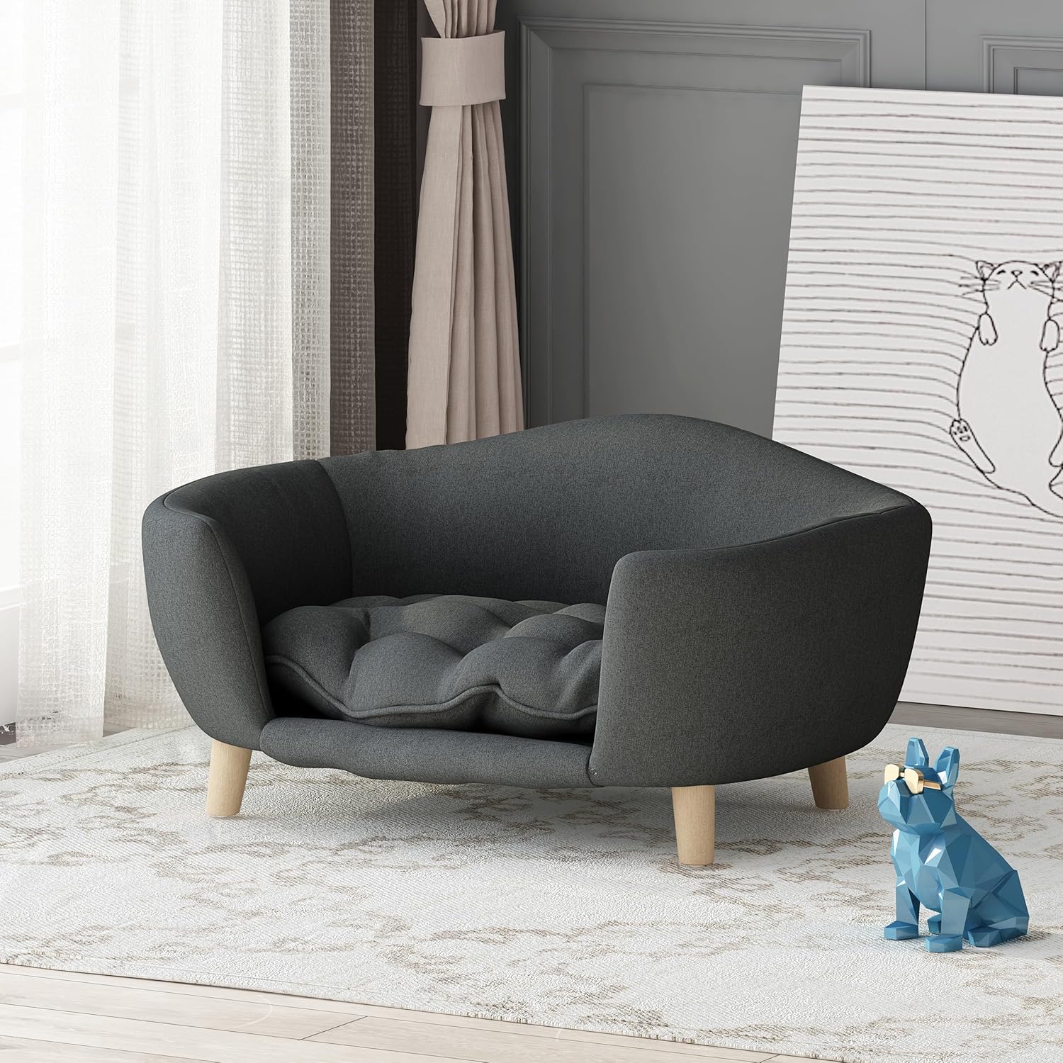 Dog Sofa Couch Bed for Small Dogs, Durable Fabric Rectangle Pet Sofa with Soft Cushion, Modern Elegant Elevated Mini Dog Couch Bed with Backrest and Armrests, Dark Gray