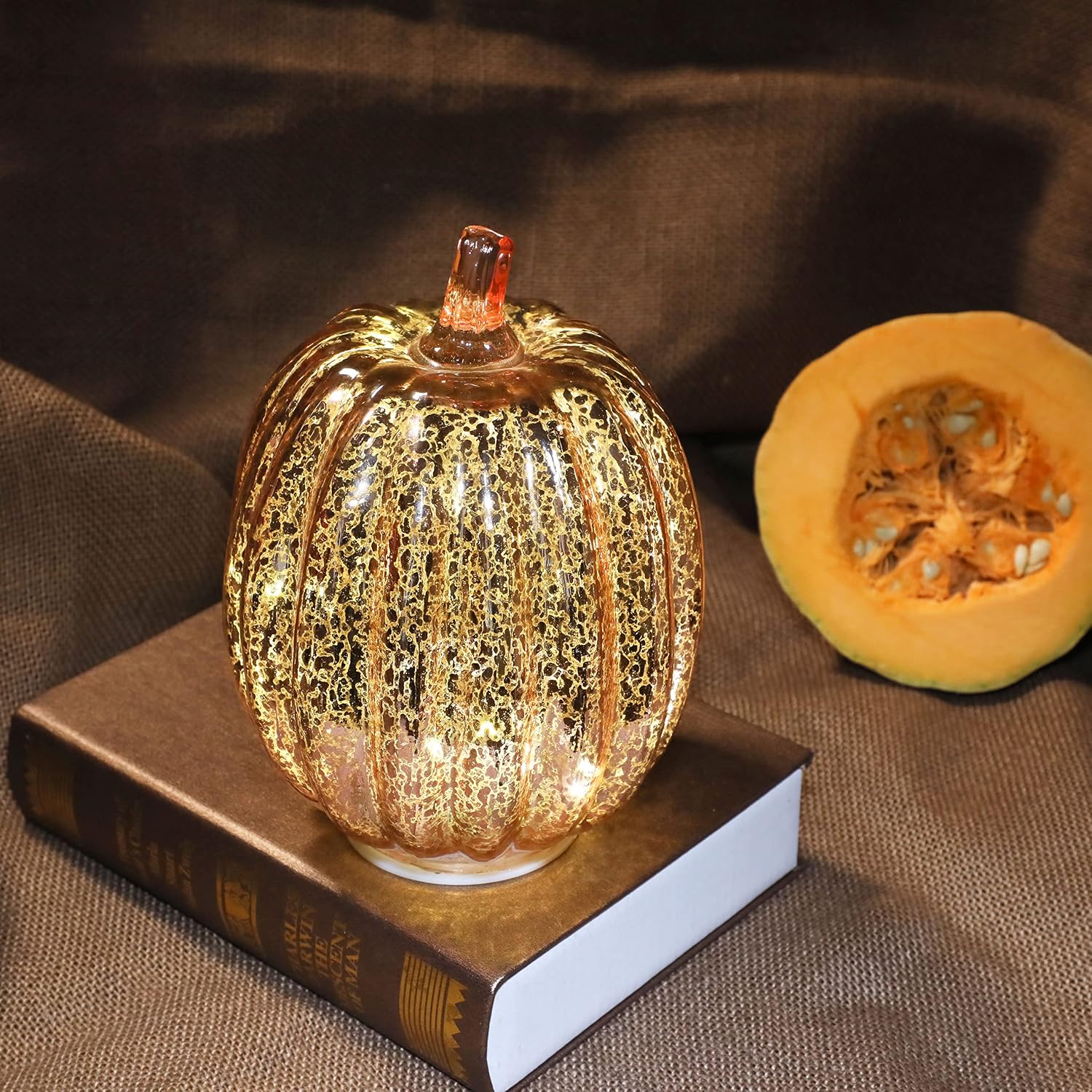 Glass Pumpkin Light with Timer 7.7" Mercury Glass Light up Pumpkin Light Rose Gold Home Lamp for Halloween,Fall Autumn,Thanksgiving,Harvest,Tables Centerpieces,and Other Decorations