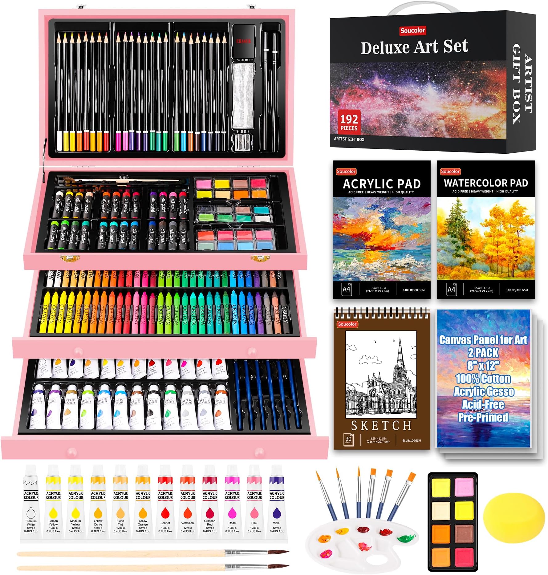 Soucolor Mother Day Birthday Gifts, Art Kits Art Sets, Aesthetic Cute Preppy Stuff Art Supplies, 192-Pack Deluxe Drawing Stuff with Acrylic Pad, Watercolor Book and Sketch Book, Canvases, Brushes