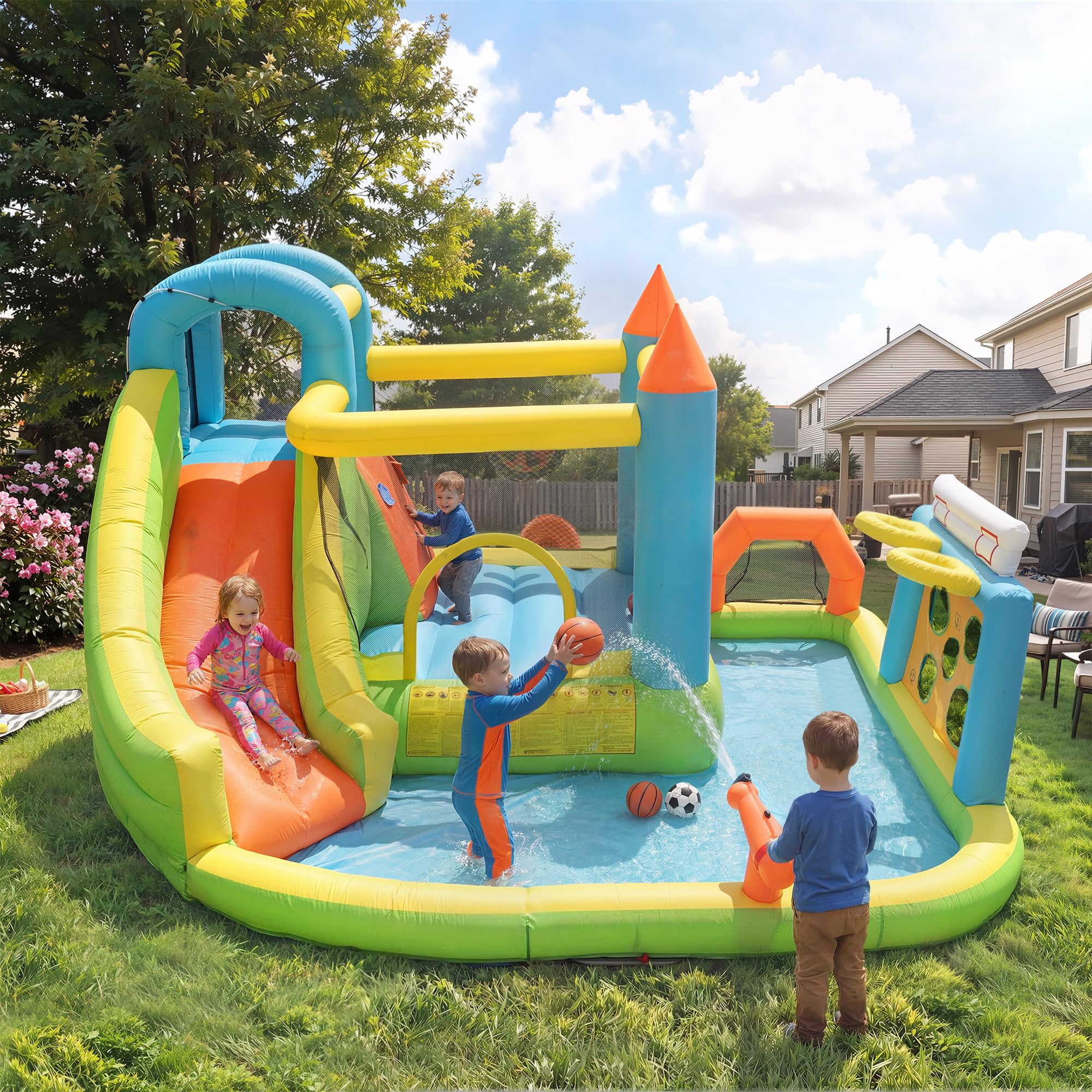 Gecheer Kinder Hüpfburg Aufblasbar 360x320x200cm mit Rutsche Wasserpool Basketballkorb Outdoor Spielzeug für Kinder von 3-10 Jahren Garten Party Strand Camping Geburtstag Sommer Wasserspaß