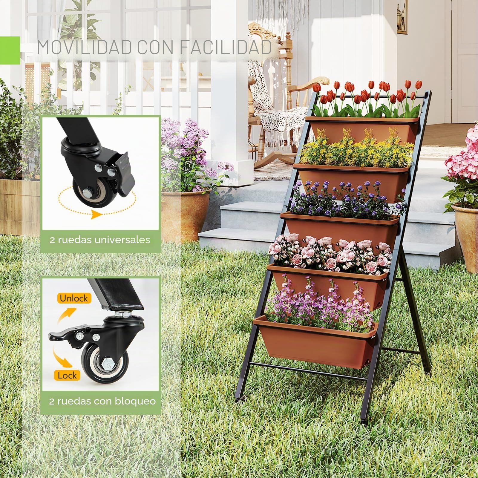 HOMASIS Jardinera de Balcón de 5 Estantes con 4 Ruedas, Estante para Plantas con 2 Ruedas con Freno, Carro para Plantas, Flores, Verde, Jardín, Balcón, Jardinera de Patio (Marrón, 57 x 74 x 132 cm)