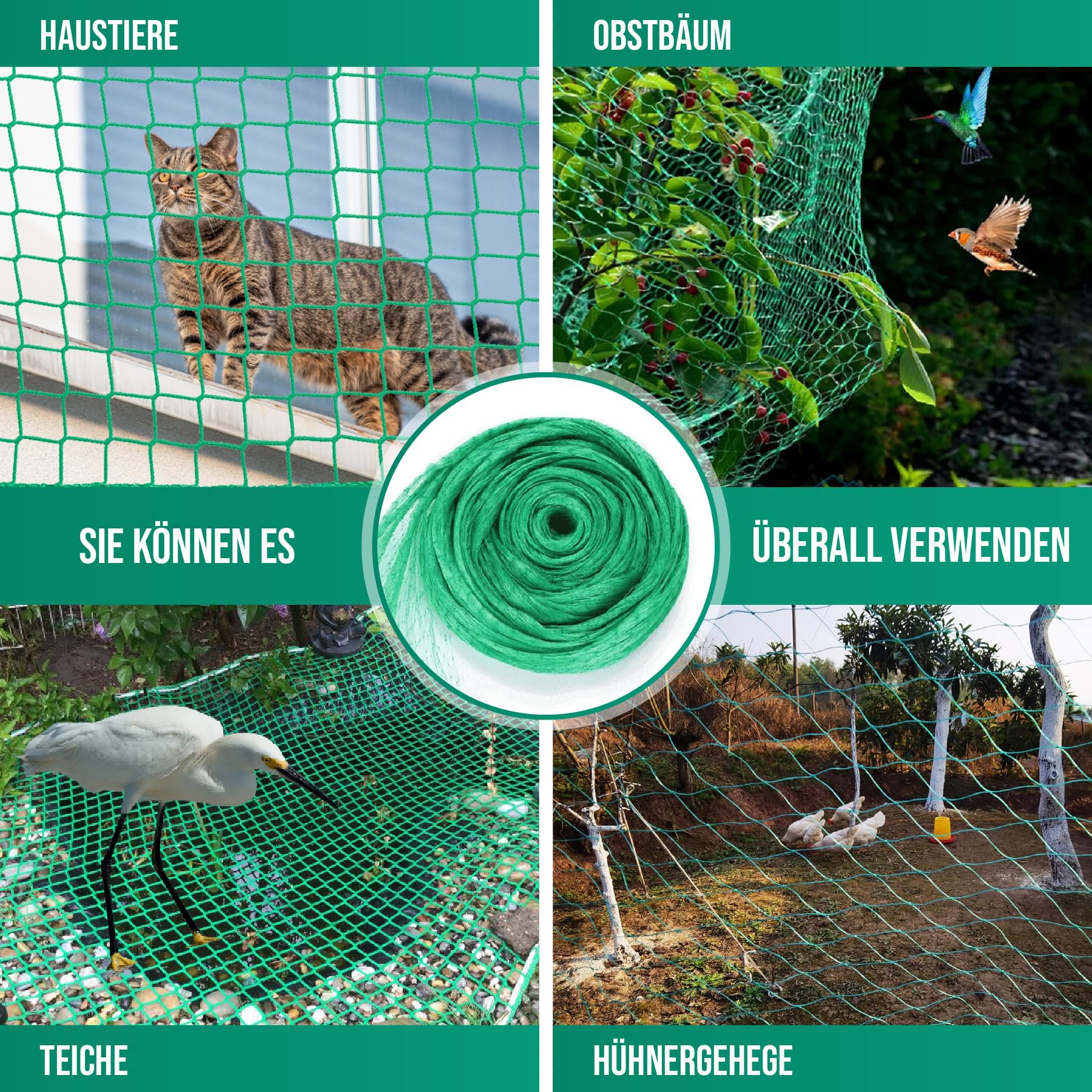 grünes Premium Nylon Vogelschutznetz 6x6m-Feinmaschiges (15x15mm) Teichnetz, Gartennetz, Langlebig, Wasserfest, UV und Wetterbeständig -Schutz vor Vögeln und Laub-Ideal für Obstbäume