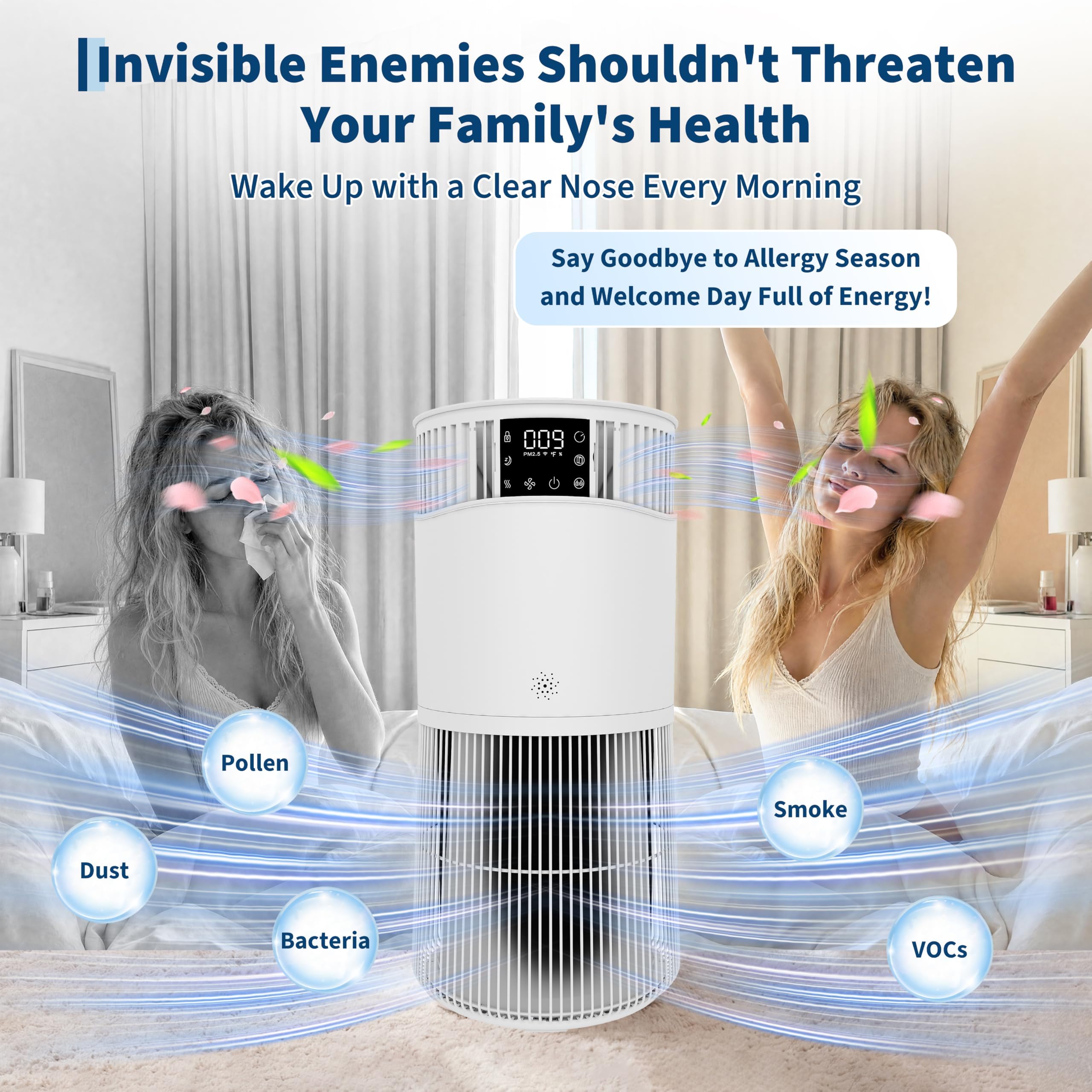 Luftreiniger Mit HEPA + Aktivkohlefilter, CADR 490 M³/h Für Bis Zu 50㎡, Auto Und App, 24 dB Leiser Schlafmodus, PM2,5 Anzeige, Aromatherapie, Timer, Kindersicherung, Für Allergiker & Haustiere