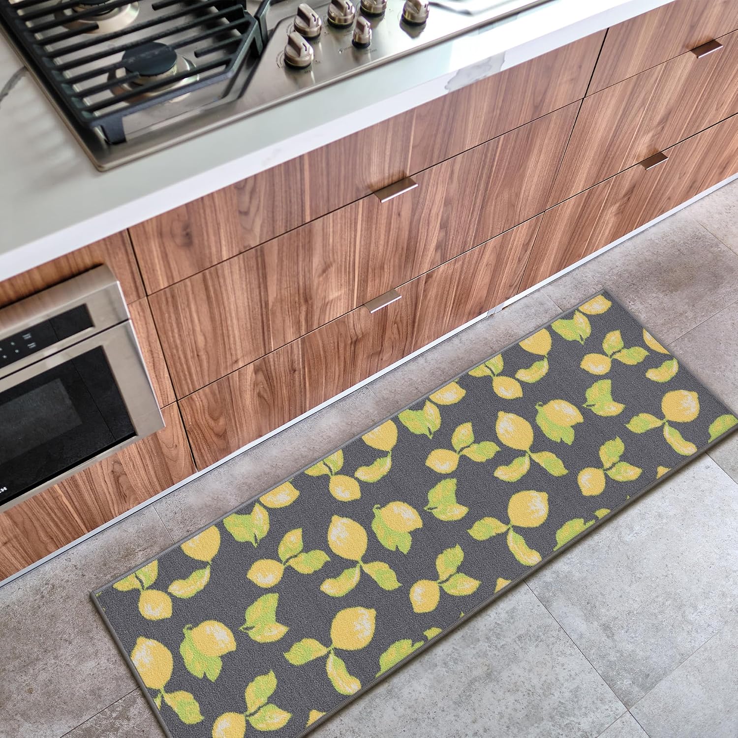 Machine Washable Lemons Design Non-Slip Rubberback 2x5 Kitchen Runner Rug for Kitchen, Hallway, Living Room, Bar, 20" x 59", Gray