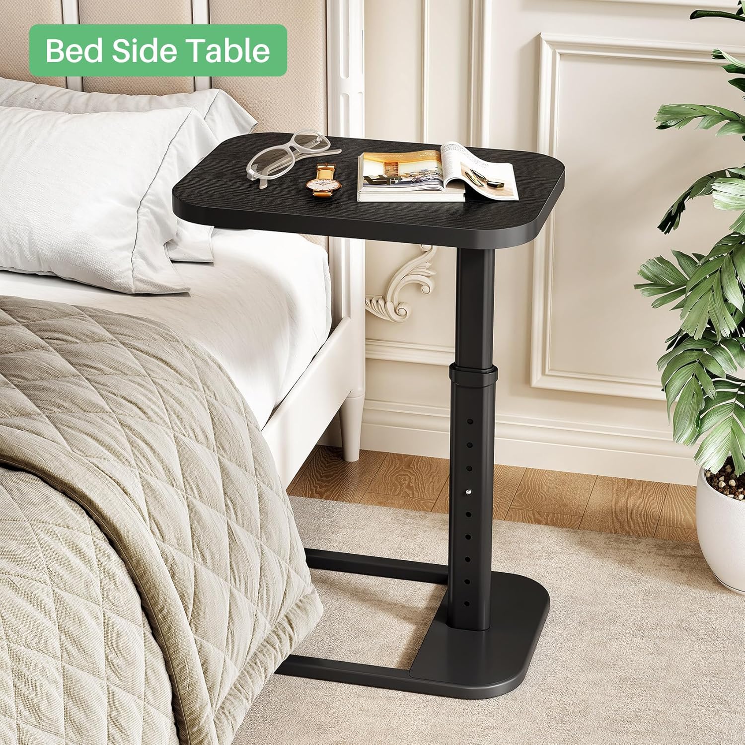 Kitstorack Adjustable Height C-Shaped End Table, 9-Level Side Table with Metal Rounded Edge, Couch Table that Slides Under Sofa or Bed for Eating, Working, and Drinks, TV Tray for Small Spaces, Black