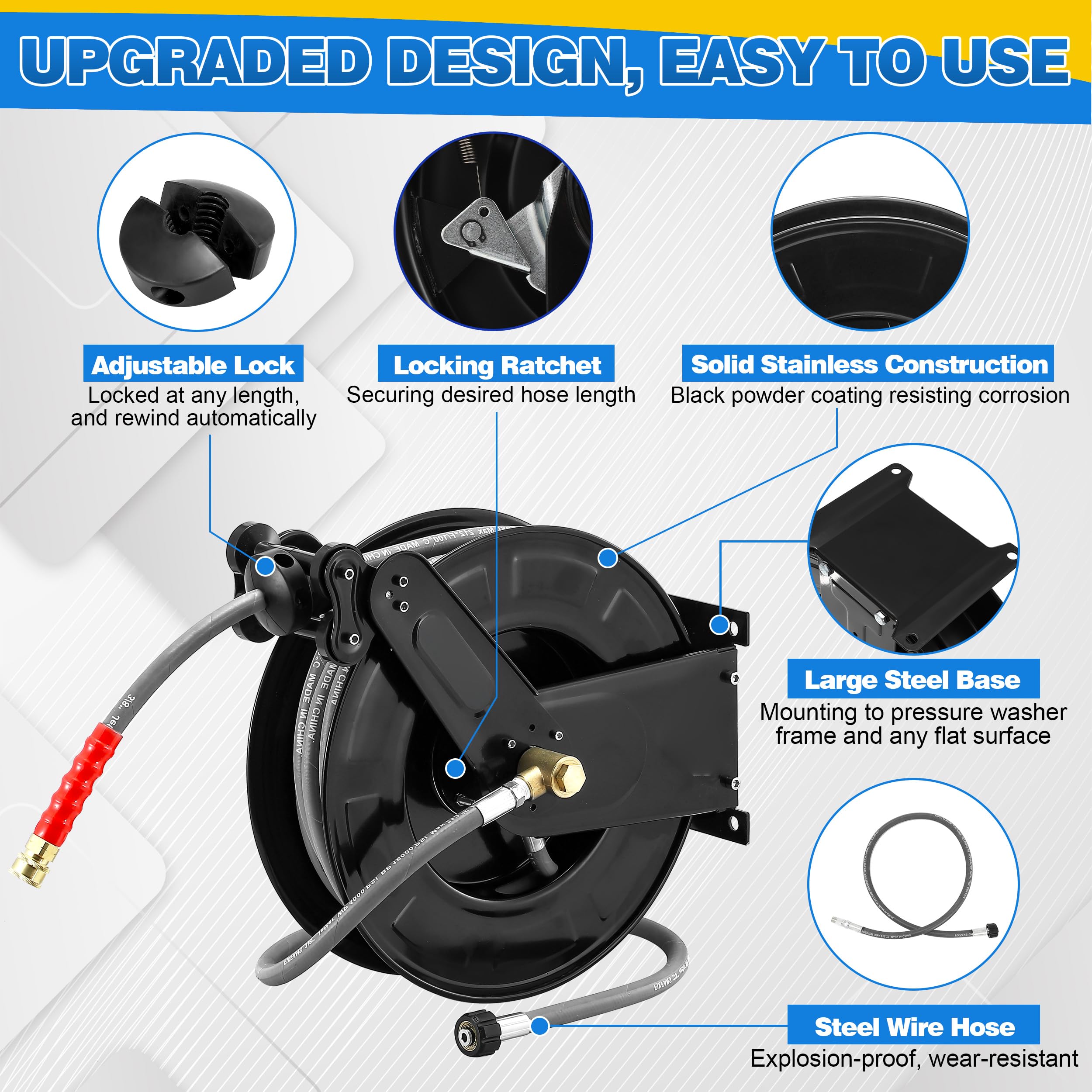 M MINGLE Enrouleur de Tuyau pour Nettoyeur Haute Pression avec Tuyau pour Eau Chaude et Froide, 3/8" x 15 m, Enrouleur de Lavage Automatique en Acier, Montage Murale, Tuyau Tressé Acier 280 bar, Noir
