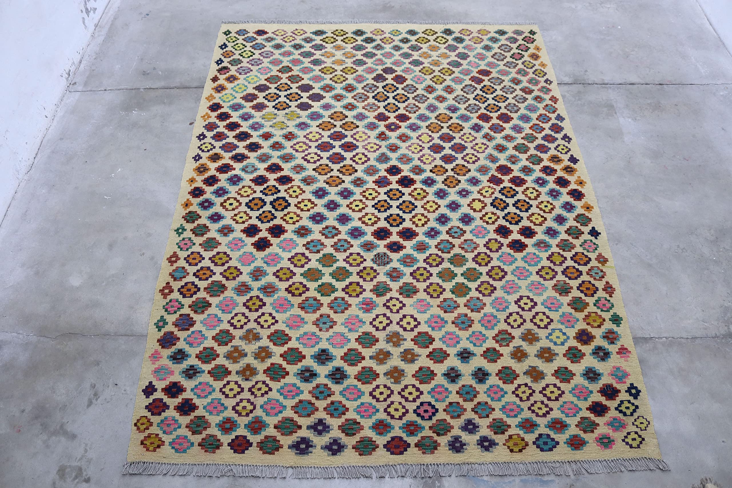 Genuine Afghan Kundoz Kilim Rug Beige Rust Multi Coloured 100% Wool Handwoven Tribal Nomadic Design 184 x 245 cm