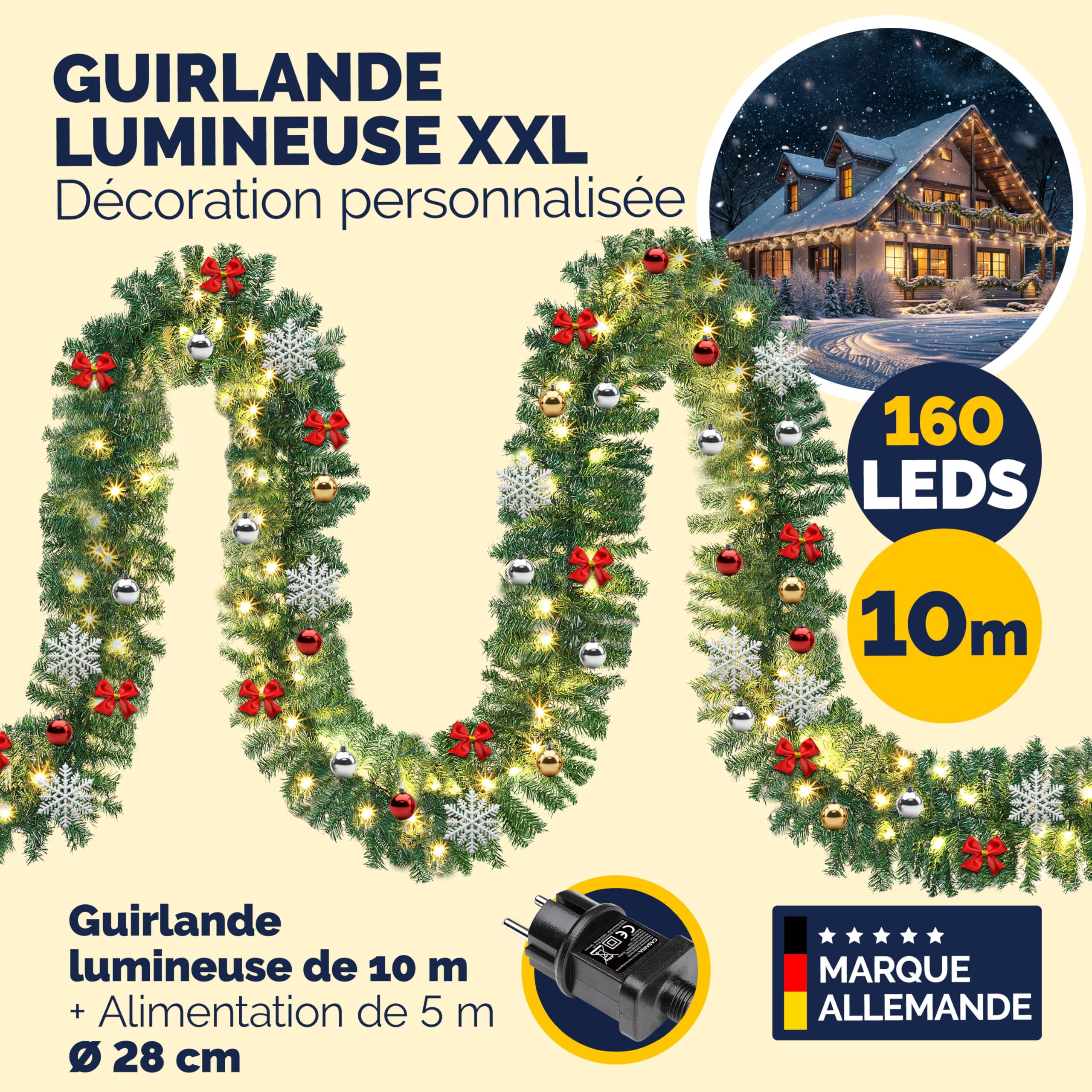 CASARIA® Guirlande de Noël Lumineuse 10m 160 LED Sapin Artificiel avec déco Décoration de noël intérieur extérieur | Décoration de noël intérieur extérieur, Longueur guirlande 10m et alimentation 5m, 72 boules, 20 noeuds, 20 flocons