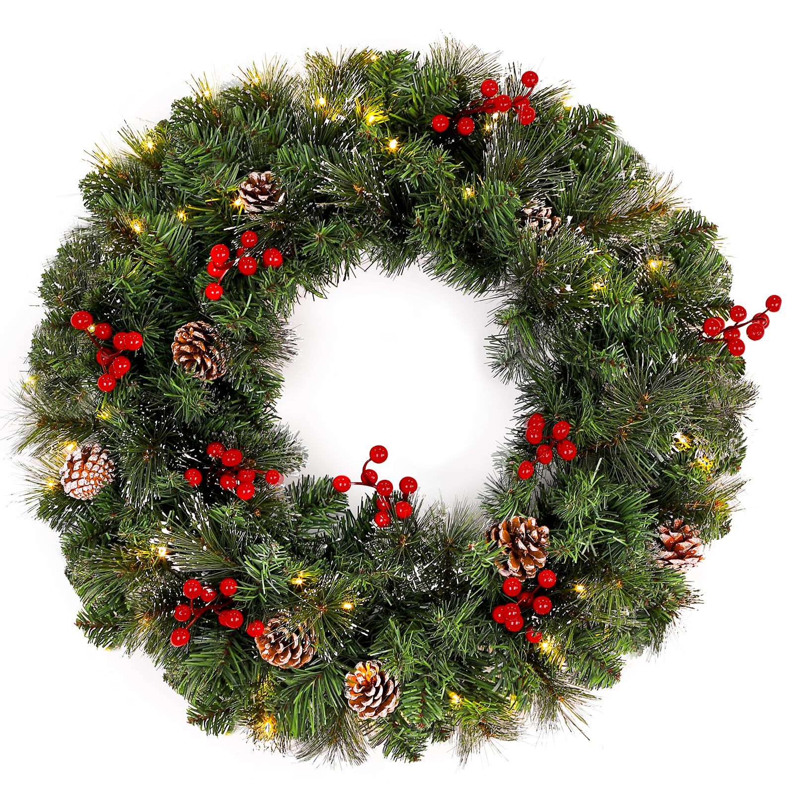 Qukadark 24in Artificial Pre-Lit Fir Green Christmas Wreath,with 50 Warm White LED Lights,Holiday Accent Decoration for Door, Mantel,Window