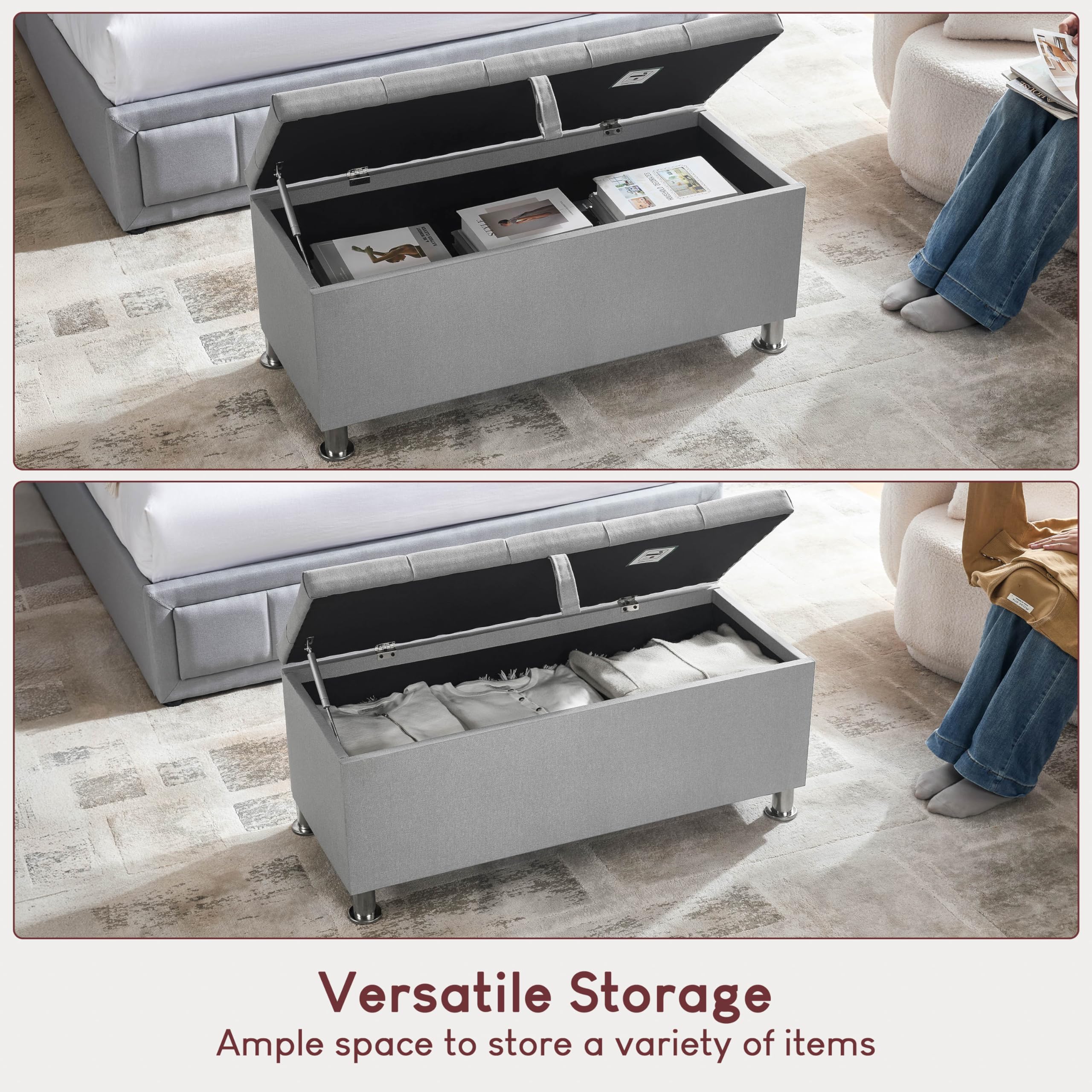 Vida Designs Valencia Pouf Ottomano, con Coperchio in Tessuto, Sedia, Sgabello, Panca per Finestra, Cassapanca, Cassapanca per Giocattoli, Pouf, Poggiapiedi, Lino Grigio Chiaro