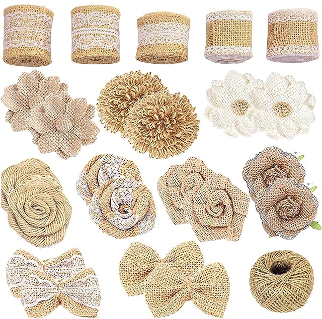 Aokbean 24pcs Mixed Burlap Ribbon Flowers Set with 98 Feet Jute Wine For Rustic Wedding/Party Decoration Home Decor Christmas Tree Topper/Hangs or DIY Crafts
