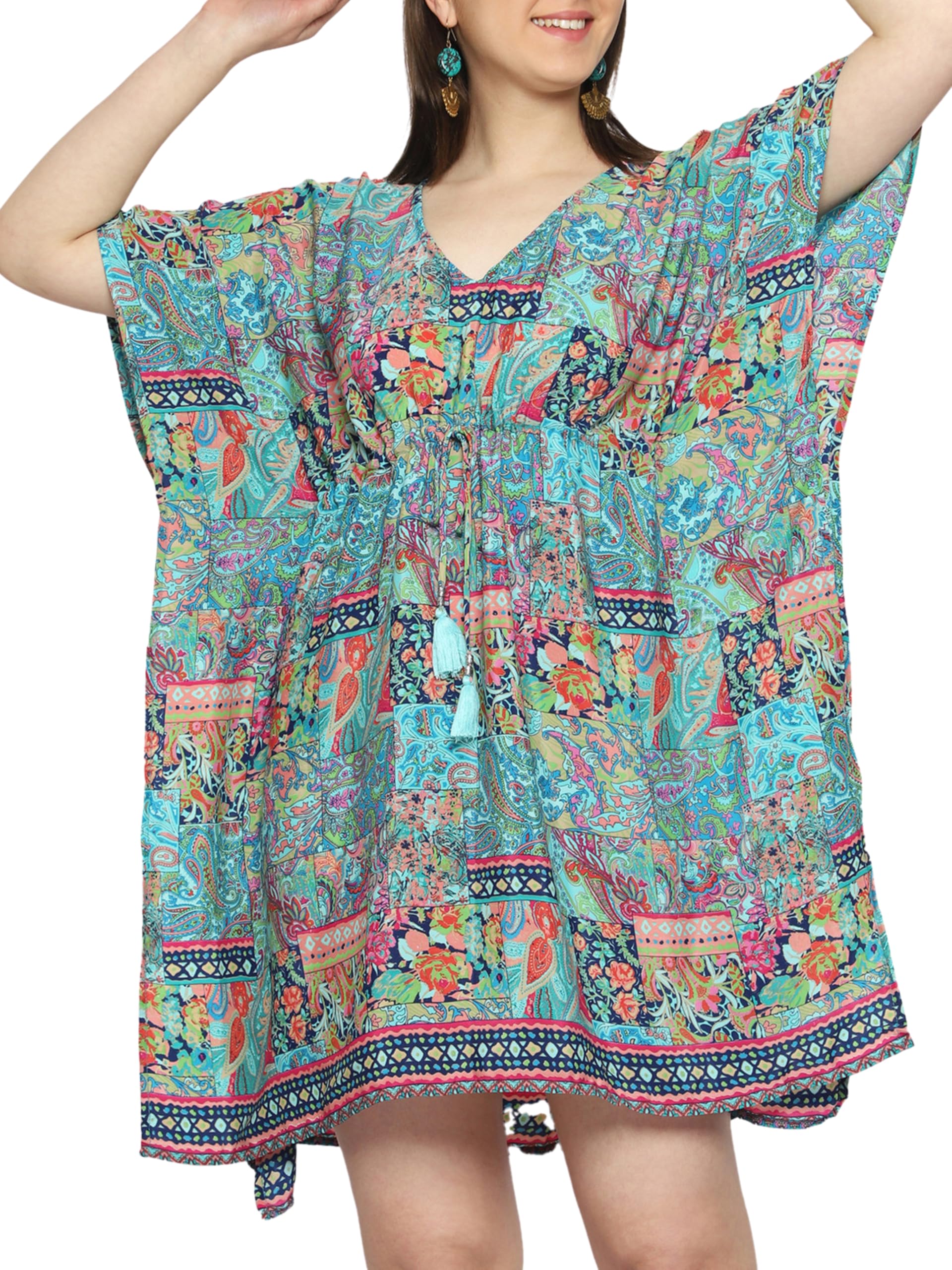 KE KANHA EXPORTS short Kaftan for women's & girls unique border design and tassel stretchable adjustable drawstring free size western kaftan fit flared floral all seasons