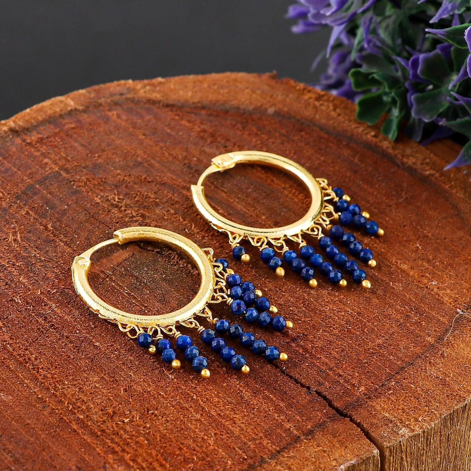 Natural Gemstone Hoop Earrings for Women - 2mm Beaded Hoops - Handmade Gold Plated Crystal Jewelry - Dainty Healing Stone Earrings