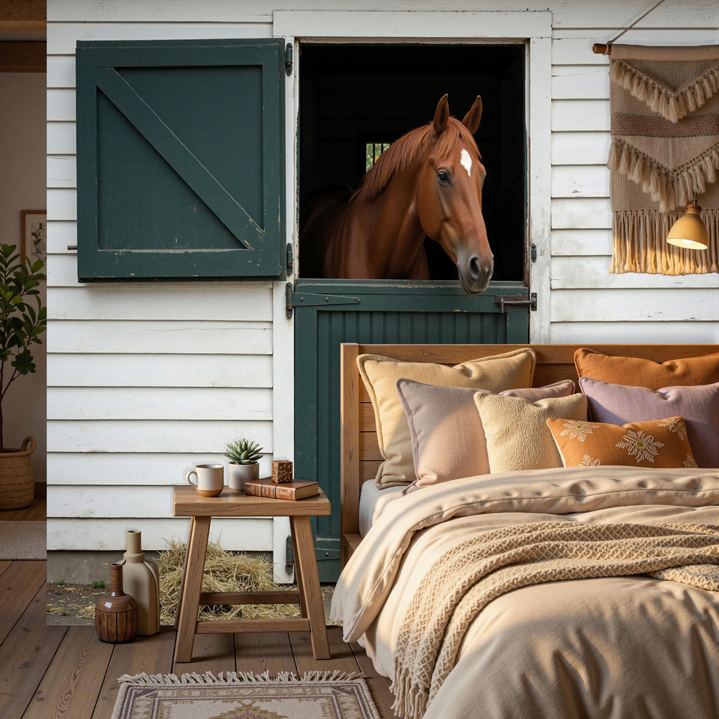Papier peint photo chevaux bruns et écuries vert menthe 200x140cm