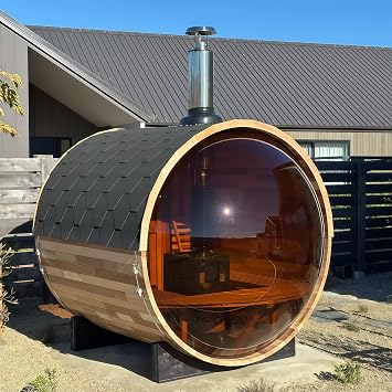 Panoramic Sauna 4 Person, Wood Burning Saunas with Chimney, Canadian Red Cedar Barrel Sauna, Triple Waterproof System for Outside, Outdoor 0-195 F
