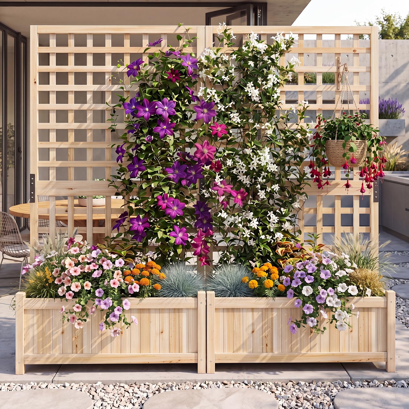 GOPLUS Jardinière avec Treillis en Bois, Jardinière Brise Vue sur Pieds, 76x32x143CM, avec Fond Amovible, 3 Trous de Drainage, Bac avec Treillis à Fleur, Plante Grimpant, pour Balcon, Jardin (Naturel)