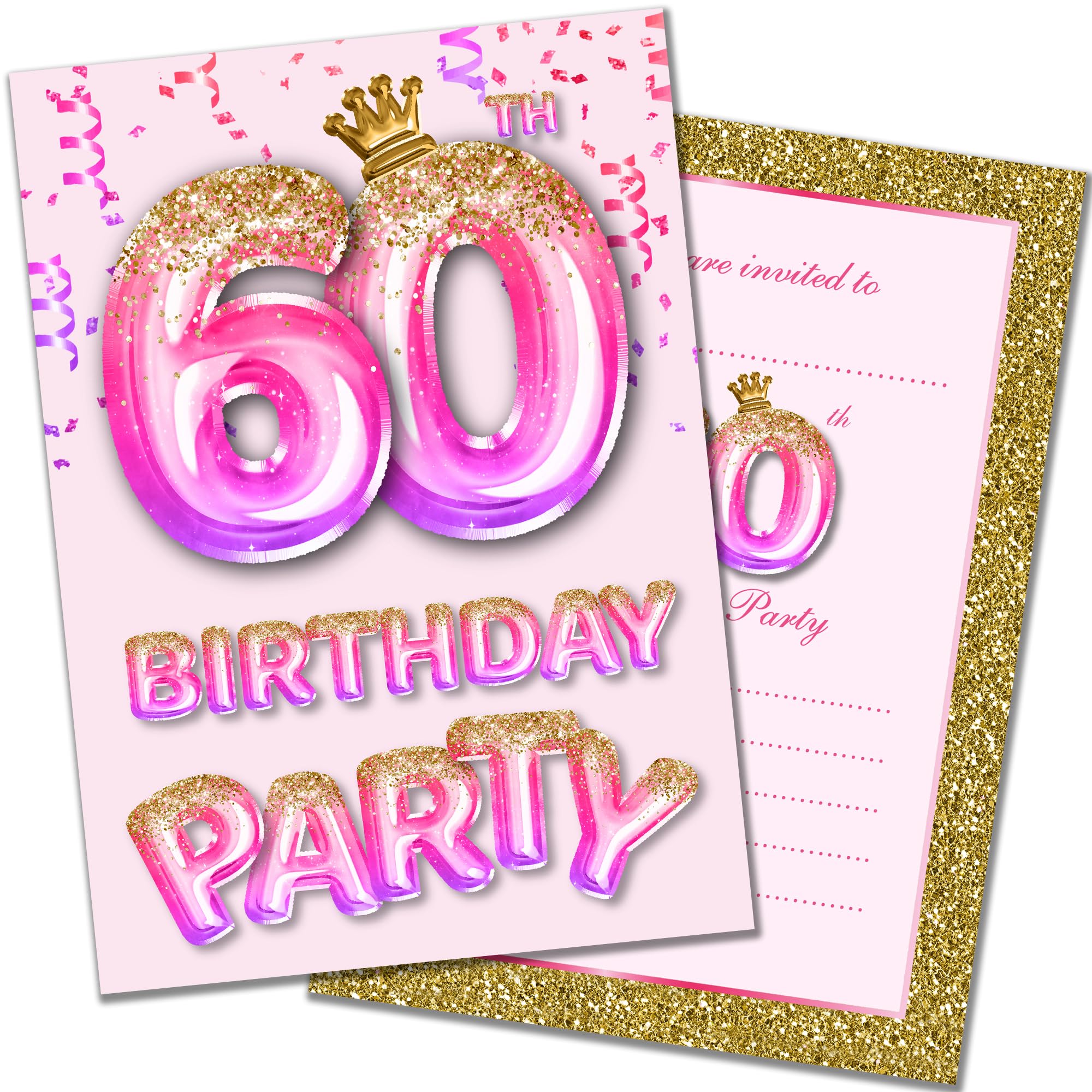 Olivia Samuel Paquete de 20 invitaciones de 60 cumpleaños con sobres, efecto rosa y dorado, listas para escribir, diseñadas e impresas en el Reino Unido