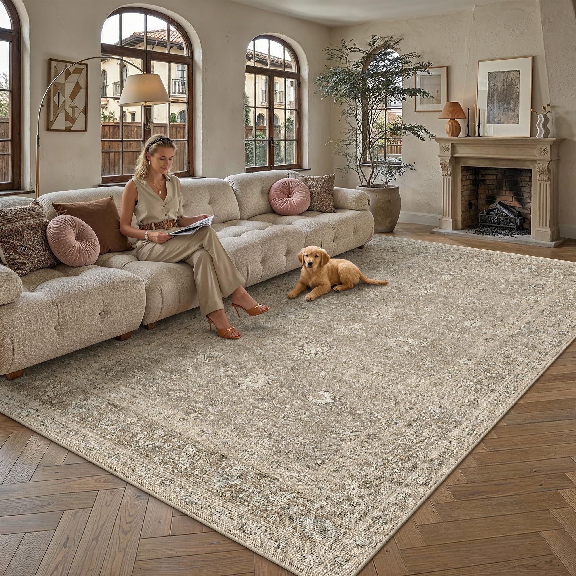 PureCozy Teppich Wohnzimmer 300x400cm Schlafzimmer Wohnzimmerteppich Waschbarer Vintage Weich Kurzflor rutschfest Braun Teppiche Esszimmer Tepich