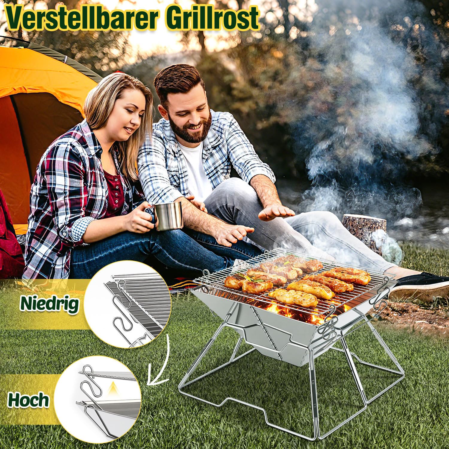 Faltbarer Grill aus 304 Edelstahl, Klappgrill mit Höhenverstellbarem Grillrost, Camping Grill kompakt & schnell aufgebaut, BBQ Grill für Garten, Balkon, Picknick und Outdoor mit Tragetasche