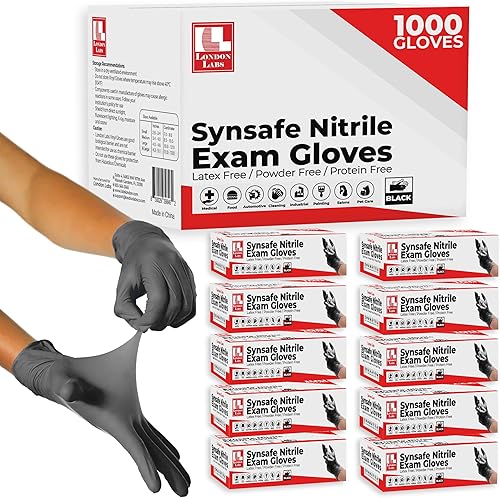 Synsafe - Guantes de examen de nitrilo negros de 4 mil, desechables, sin látex y sin polvo, extrafuertes, guantes de goma, botiquín de primeros