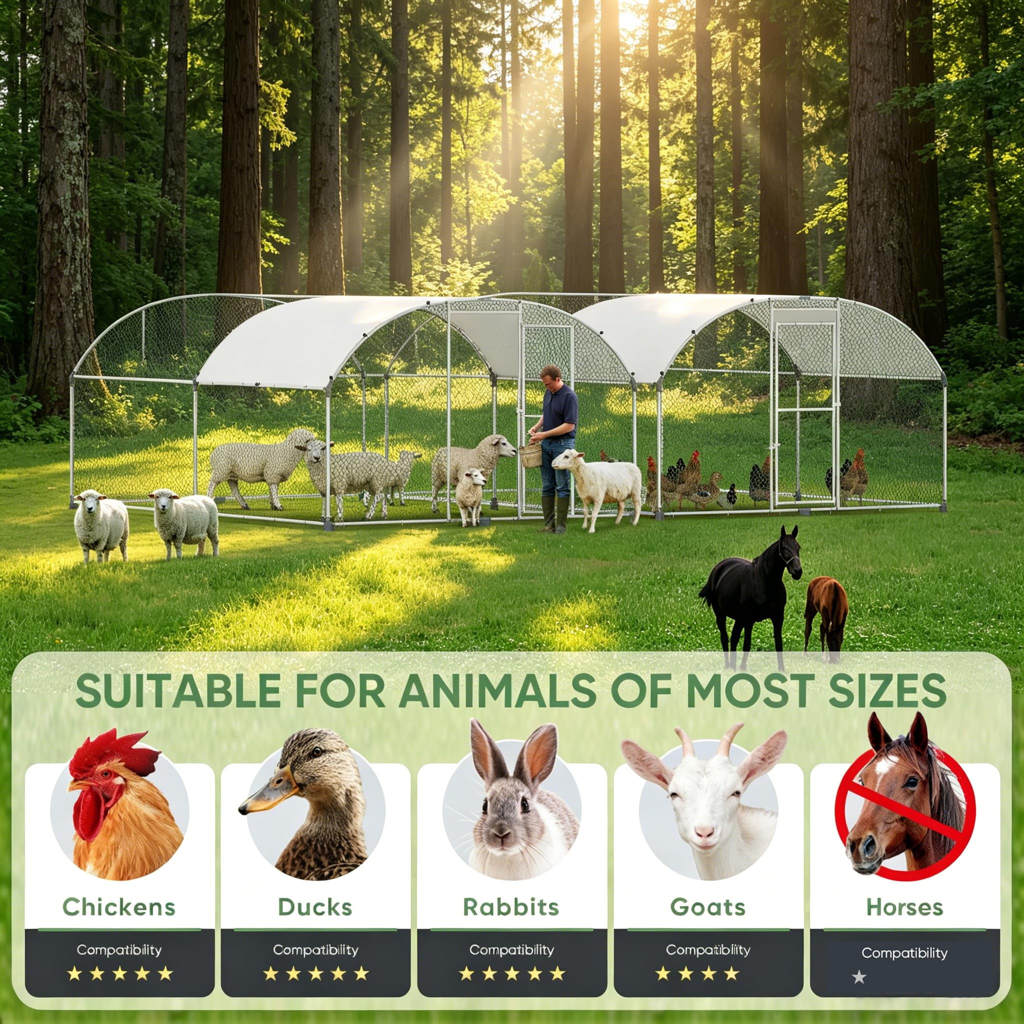 Poulailler avec aire de jeux 3x2m - Cages en métal pour petits animaux avec serrure de sécurité - Couverture imperméable pour sortie de poules - Parc pour poules résistant à l'hiver