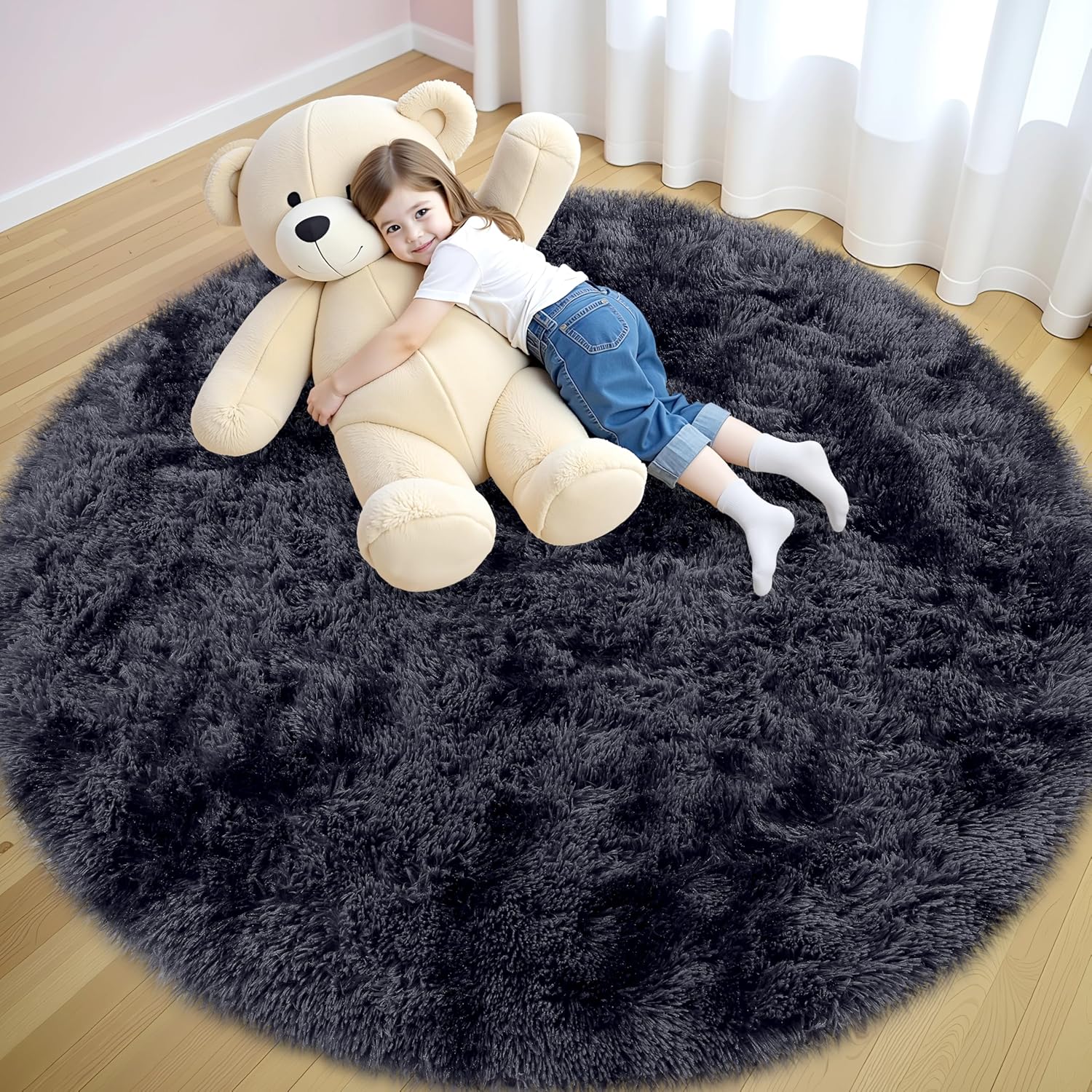 OLANLY Deep Grey Tie-dye Round Rugs for Bedroom - Machine Washable, 5x5 Feet Circle Area Rugs for Living Room, Soft and Fluffy Shaggy Carpet for Teen Girls and Boys, Dorms, Home Decor Aesthetic