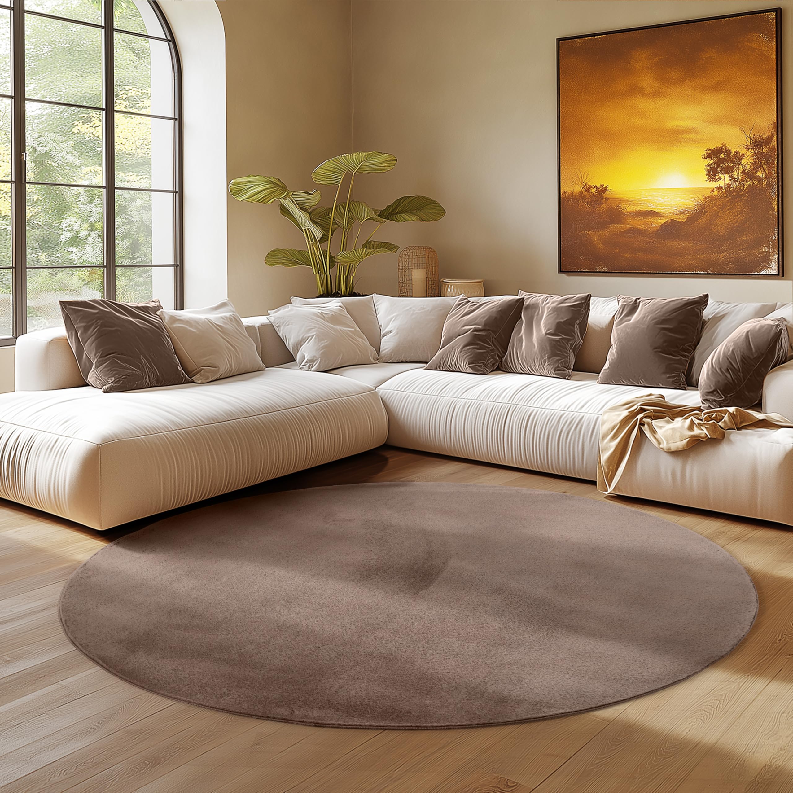 SIMPEX Runder Teppich Braun 200 cm Kurzflor Teppich Waschbar, rund, weich & rutschfest, modern einfarbiges Design für Wohnzimmer, Küche Schlafzimmer, & Kinderzimmer