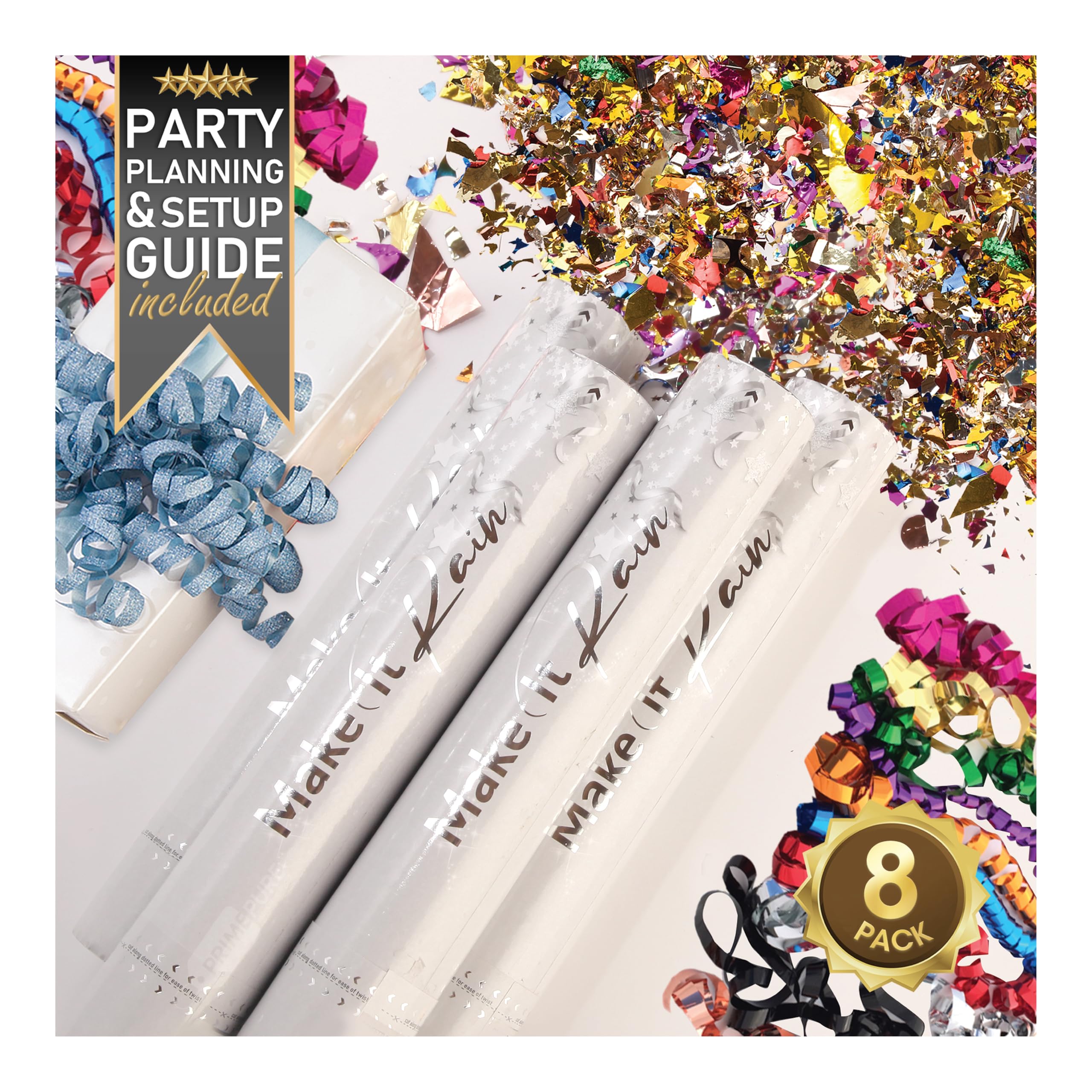 Primepure Multicolor Shredded Confetti Cannon Party Poppers - Shredded Multicolor Confetti Poppers & Streamers - Set Of 8 - Make It Rain Bulk Party Cannons Shooters For Graduation, Birthday, Festival, Glitter Bomb Prank