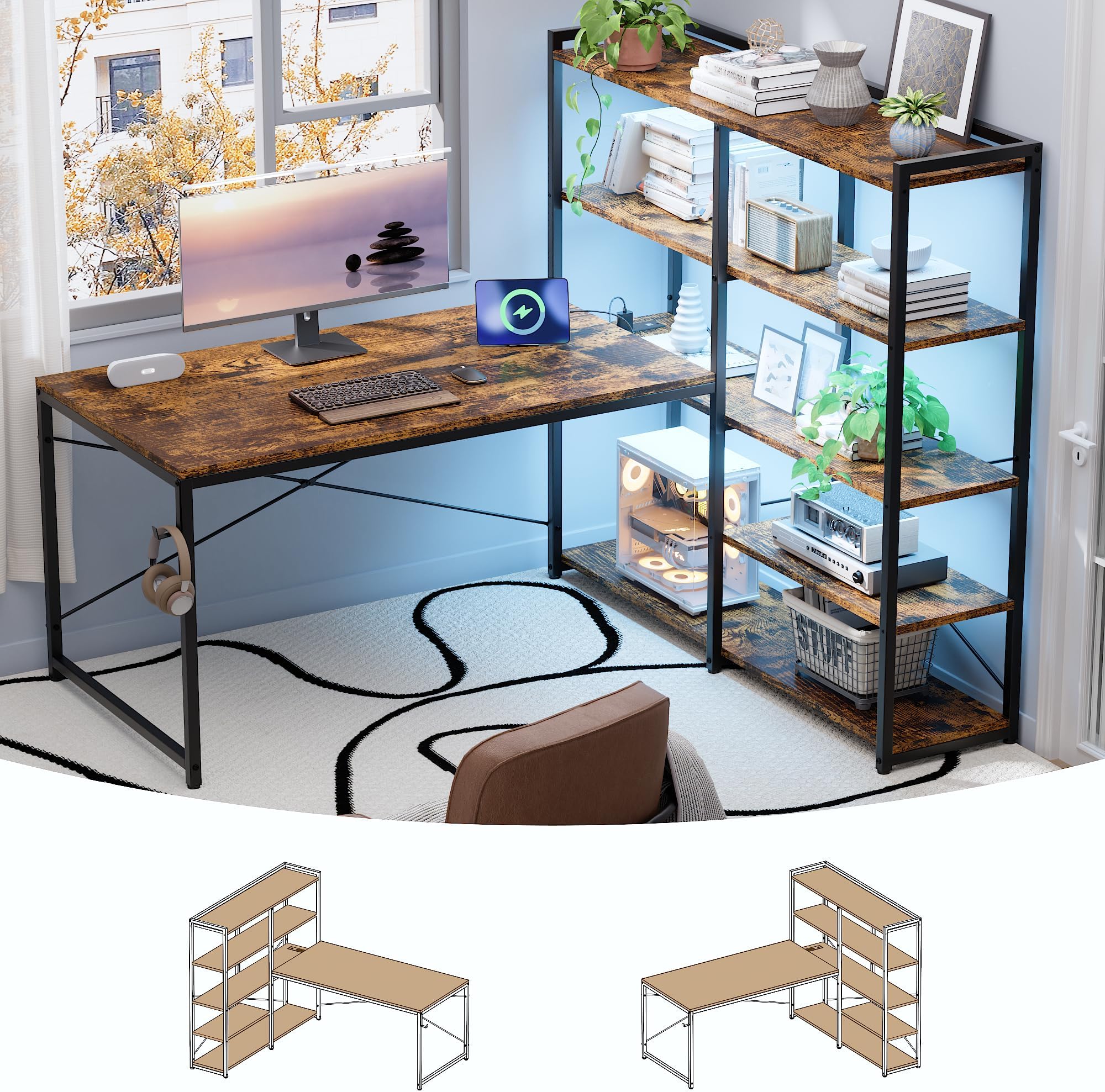 L Shaped Computer Desk with Reversible Side Storage Shelves, 49 Inch Gaming Desk with Power Outlets and Led Lights, PC Table for Home Office and Bedroom Vintage
