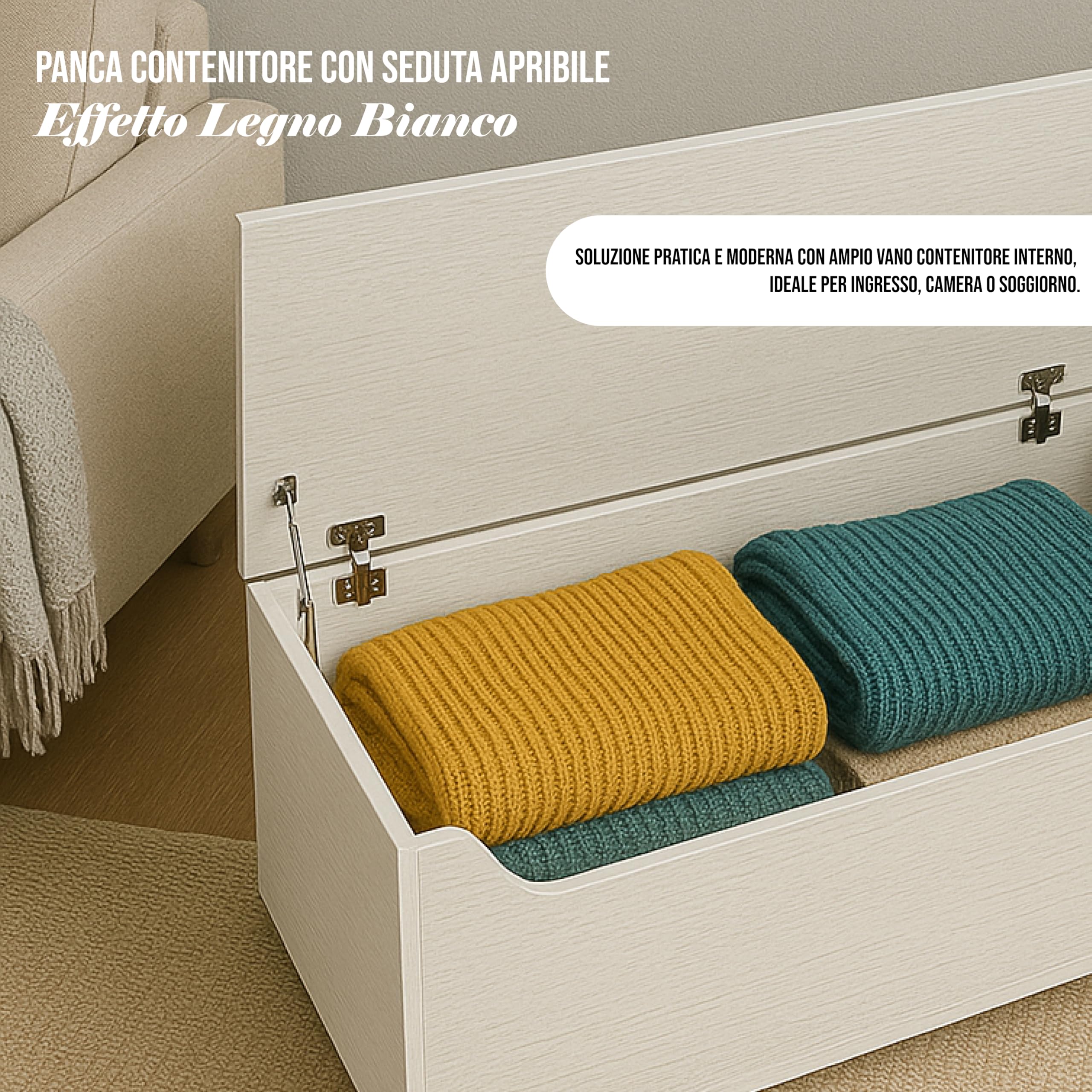 Cassapanca Contenitore Rettangolare in Legno Bianco - Portaogetti, da Ingresso, Poggiapiedi, Salvaspazio, Camera da letto, Soggiorno, Design Moderno, con Venature - 100X40X35h CM