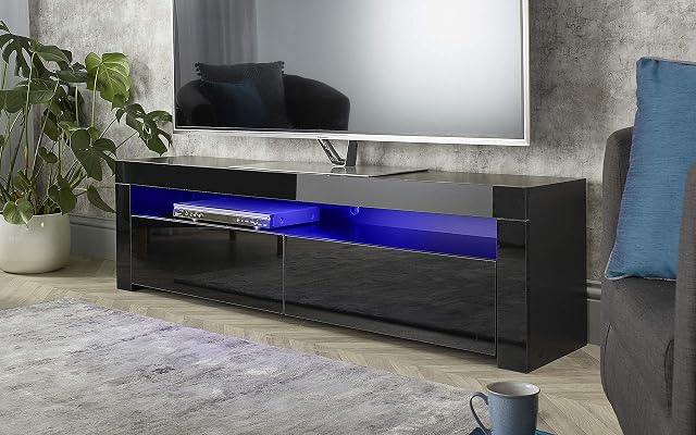 MMT Furniture LED BRG1550 TV Stand Cabinet Unit with Blue LED Lights - TV Console & Entertainment Unit with Storage - Modern Television Shelf Desk for 40 42 50 55 60 65 inch LCD Plasma Flat Screens
