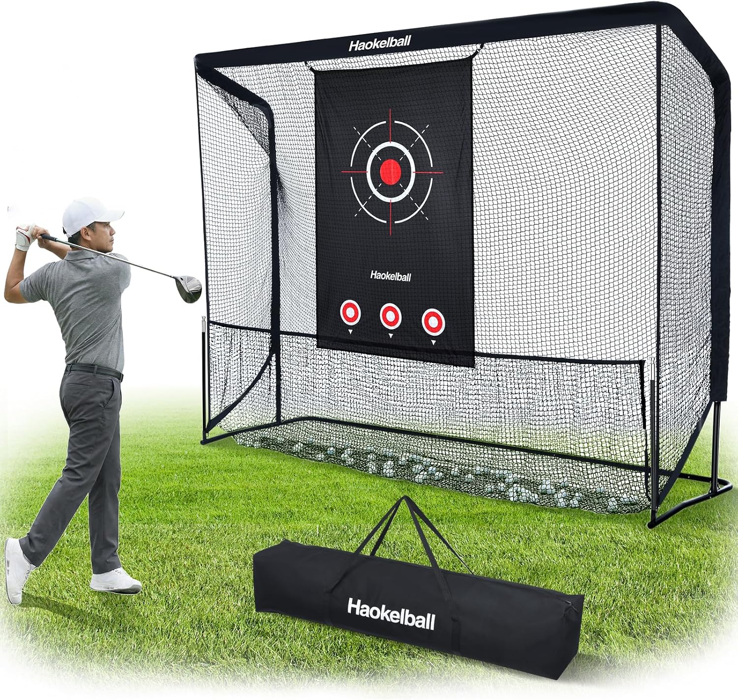 Haokelball Golf Practice Hitting Net for Driving Real Balls, 10x8ft Heavy Duty Netting for Indoor Outdoor with Side Barriers, Ball Return & Collection System, Silent Impact Target and Carry Bag