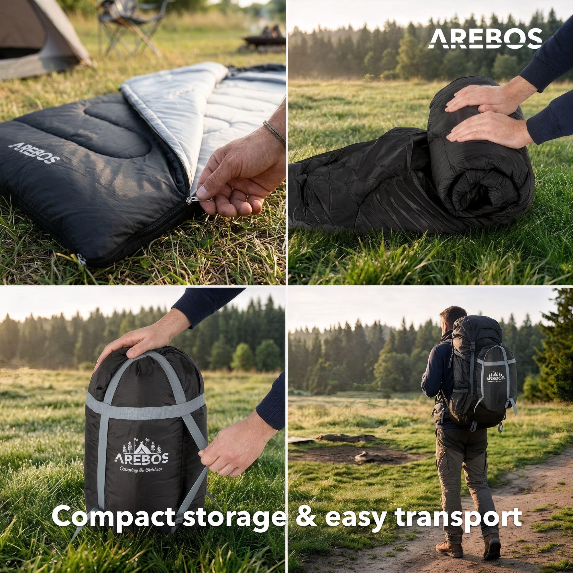 Arebos Śpiwór | 220 x 83 cm | Prostokątny Śpiwór Kempingowy dla Dorosłych | 5-25°C | Wodoodporny | Dwukierunkowy Zamek | Worek Kompresyjny