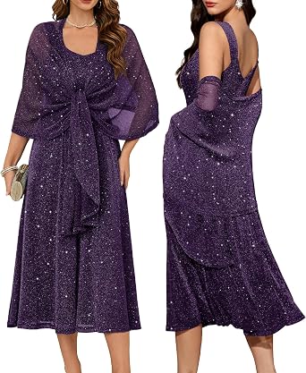 BeryLove Wedding Guest Dress Sequin Formal Party Prom Gowns Evening Two Piece Sparkly Cocktail Dresses