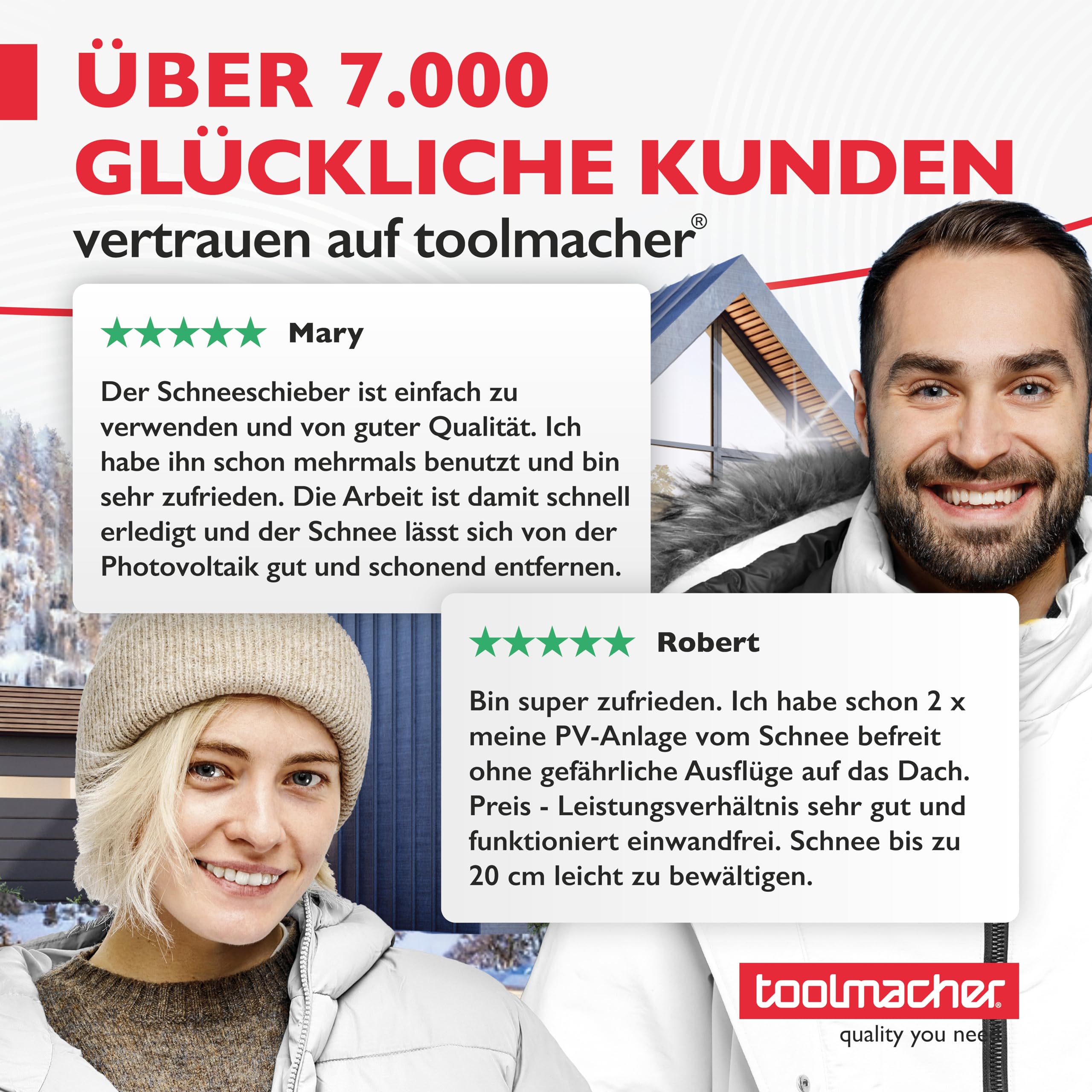 toolmacher Photovoltaik Schneeschieber [ROBUSTES SPEZIALGEWINDE] Schneeschaufel für Photovoltaik, Wintergarten und Glasdach - Schneeräumer ohne Teleskopstange - Schneeschieber für PV, Dachschneeräumer