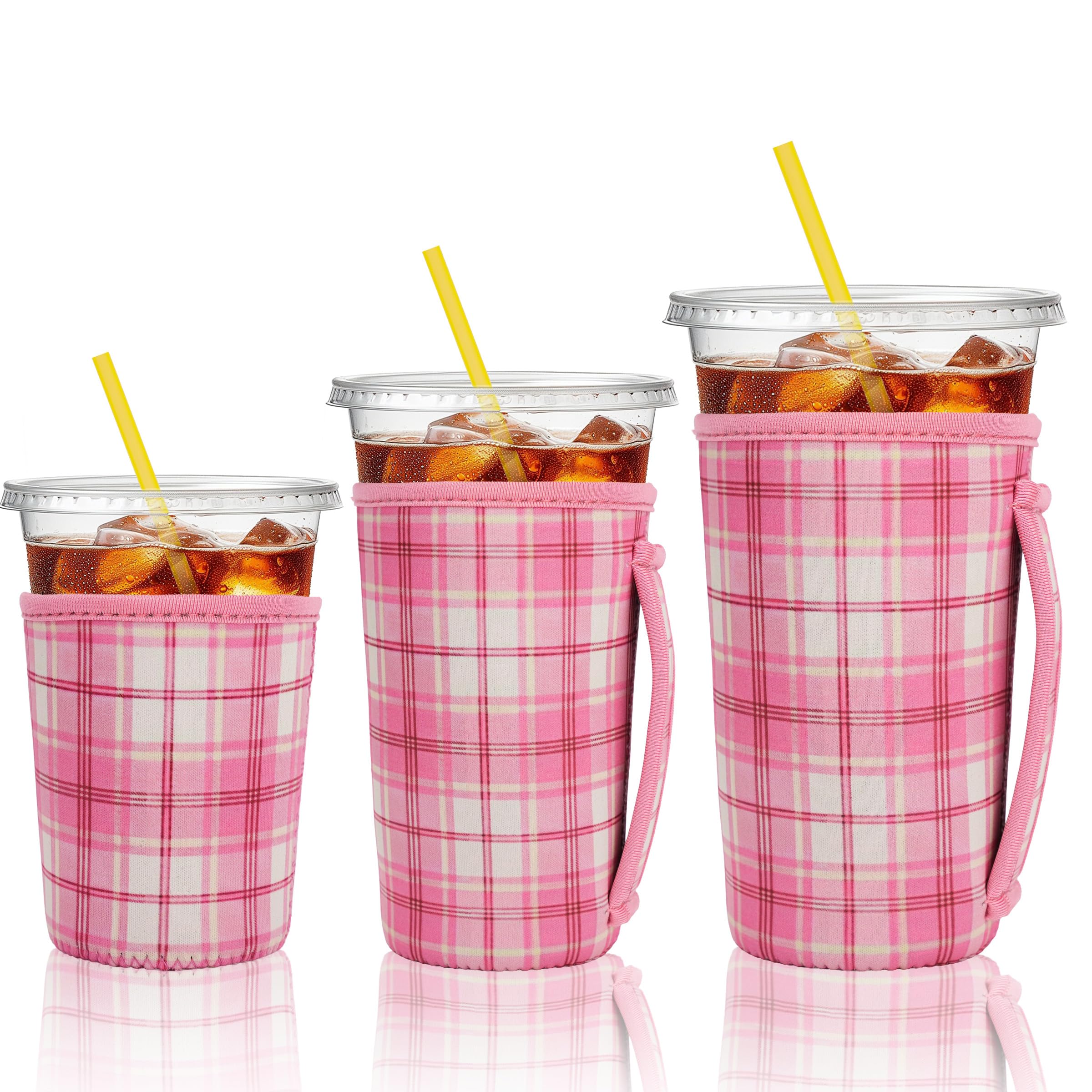 KJQJLY 3 Reusable Iced Coffee Sleeves for Iced Coffee Cups or Drinks Reusable Neoprene Insulated Sleeves for Hot and Cold Drinks from Starbucks, Dunkin, And More (Preppy Pink Plaid)