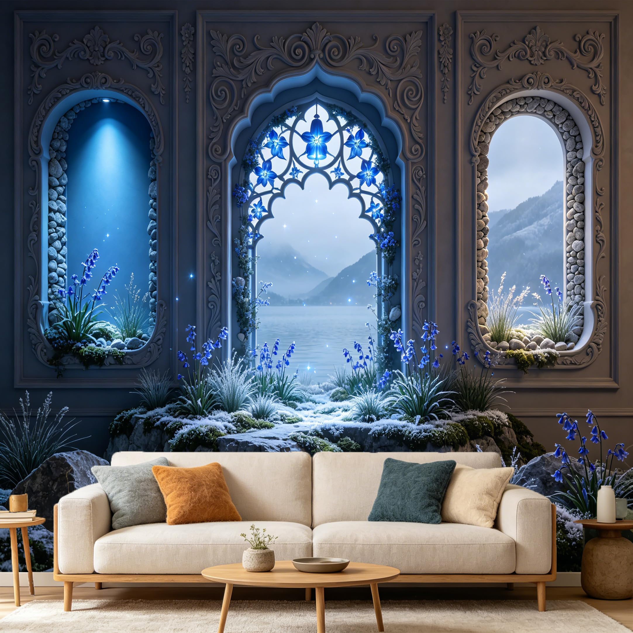 Custom Size Wall Mural， Blue Flowers Archway Mountain Lake Scenery 3D Trompe L'Oeil， SelfAdhesive Art Prints wall Fabric Removable Large Wallpaper Home Living Room Decor
