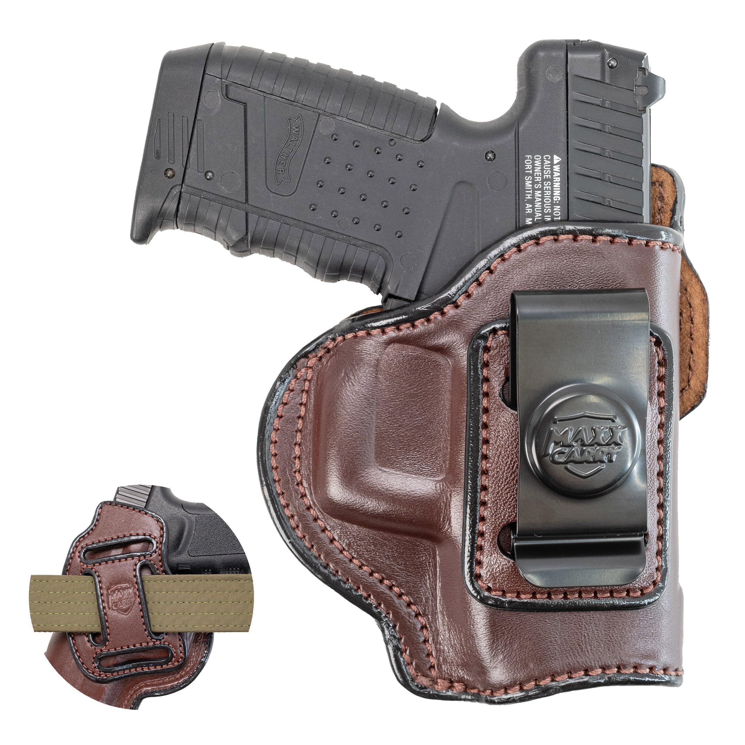 Maxx Carry Multi-Carry 4-Way OWB and IWB Leather Gun Holster fits G 43, 43X 9mm | Walther PPS, PPS M2 | Springfield XDS 3.3, Hellcat | S&W M&P 380 Shield EZ | Beretta APX Carry | Taurus PT 709 Slim