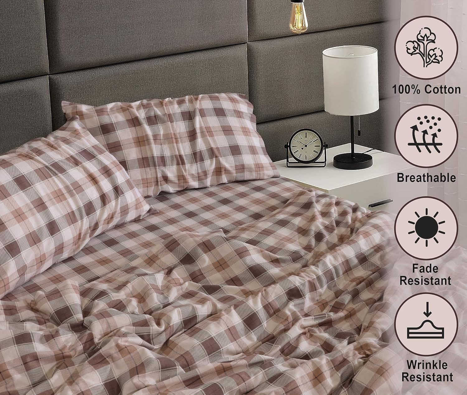 RUVANTI Flannel Sheets Queen Size - 100% Cotton Double Brushed Bed Sheets, Deep Pockets 16 Inches Queen Sheet Set, All Seasons Breathable & Extra Soft - Warm & Cozy, 4 Piece, Beige & Grey Plaid