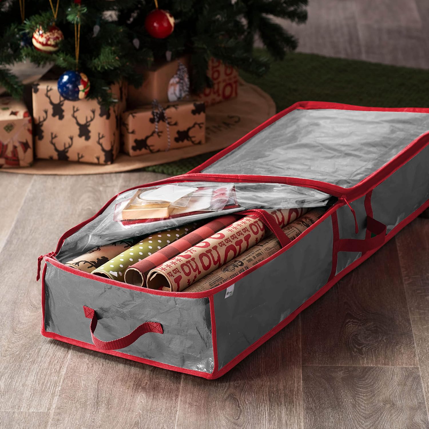 zober gift wrapping paper organizer storage - 40" gift wrap storage containers with interior pockets for bows, tags & ribbons - wrapping paper holder, waterproof, fits 24 standard rolls (gray)