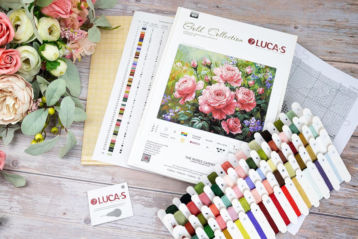 Luca-S Petit Point Kit Gold - The Roses Garden, G717, Counted Cross Stitch Kit for Adults, Needlecraft and Embroidery Kit