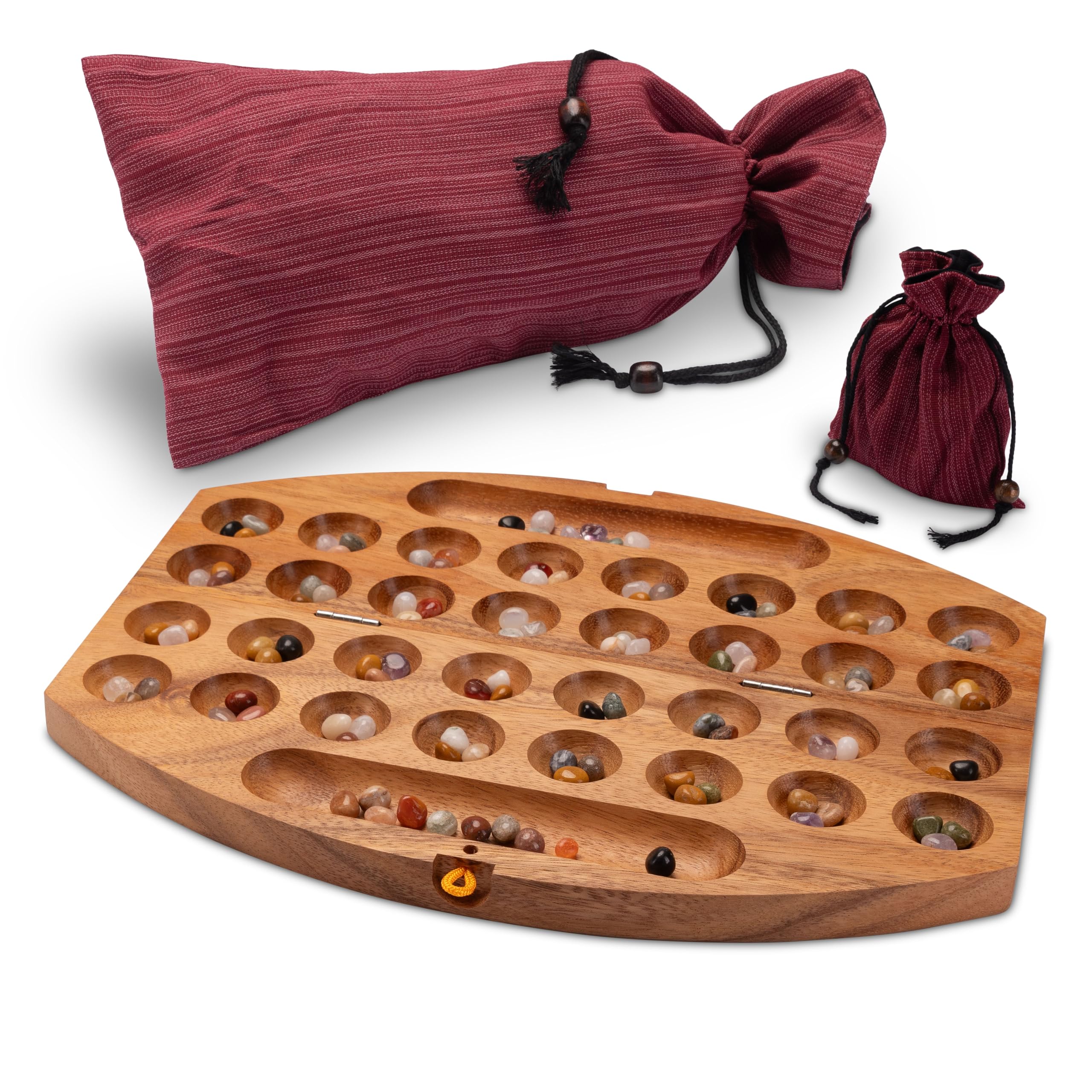LOGOPLAY Bao Spiel Gr. L für 2 Spieler mit Stoffbeutel - 35cm - oval - Hus - Kalaha - mit 75 Edelsteinen