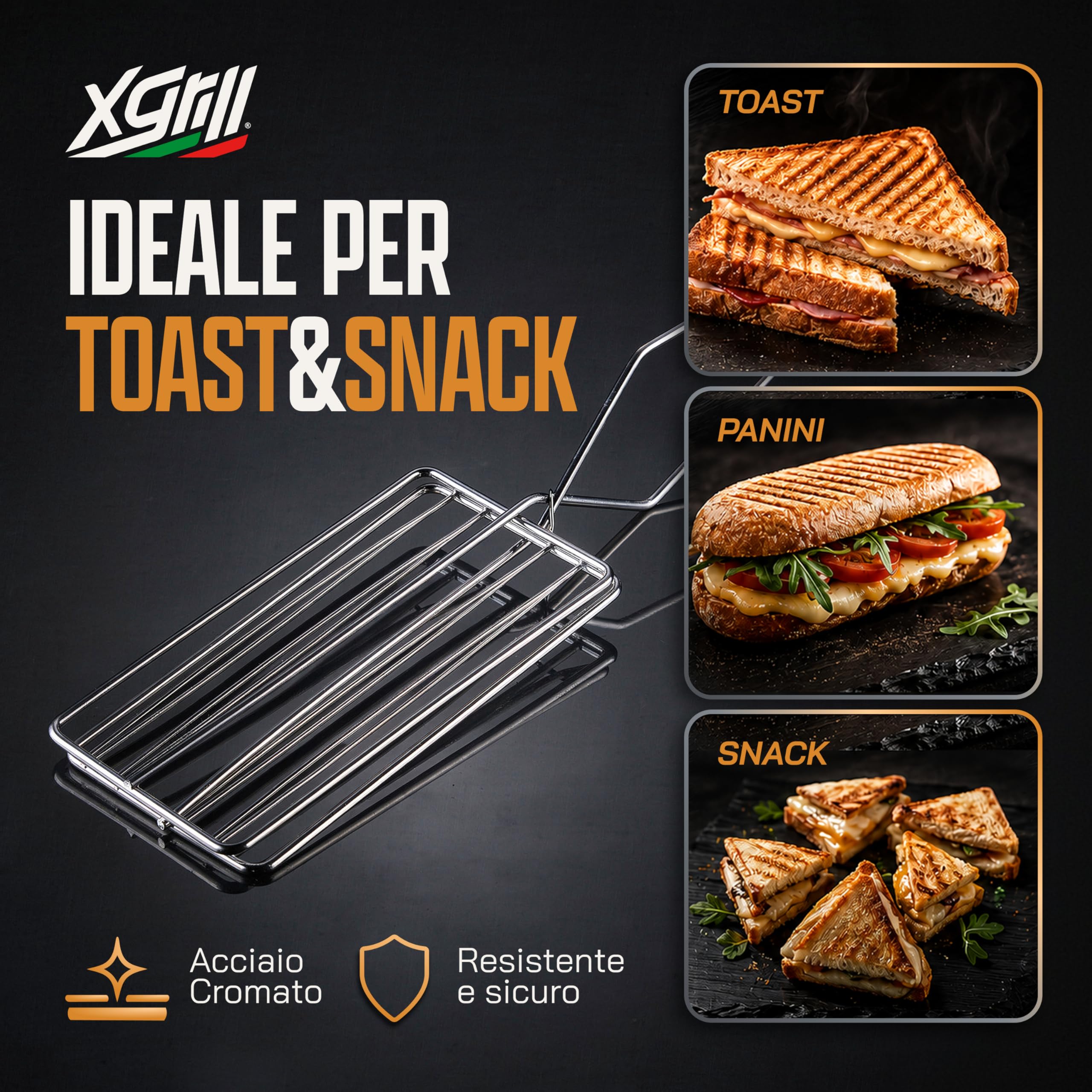 XGRILL | Pinza per Toast 18x10 cm in Acciaio cromato con Manico Ergonomico | Pinza Tostapane per Toast e Snack | Uso Domestico e Professionale | Made in Italy